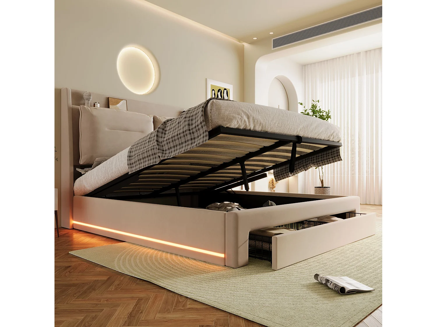 Lit coffre 140 x 200 cm avec tête de lit et 2 tiroirs - LEDs - Velours - Beige (sans matelas)