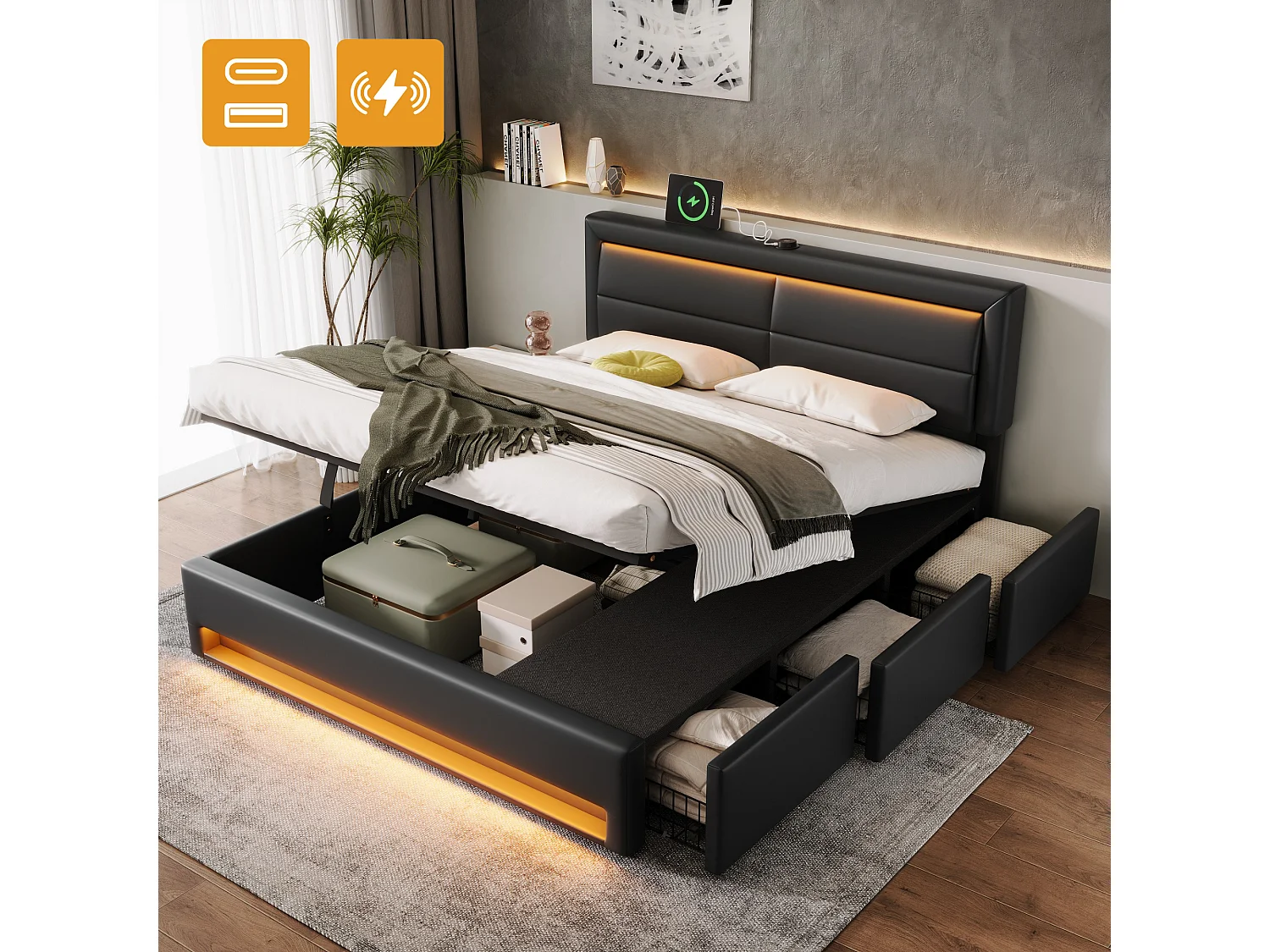 Cama de arrumação 180 x 200 cm com cabeceira e 3 gavetas - LEDs e porta USB - Couro PU - Preto (sem colchão)