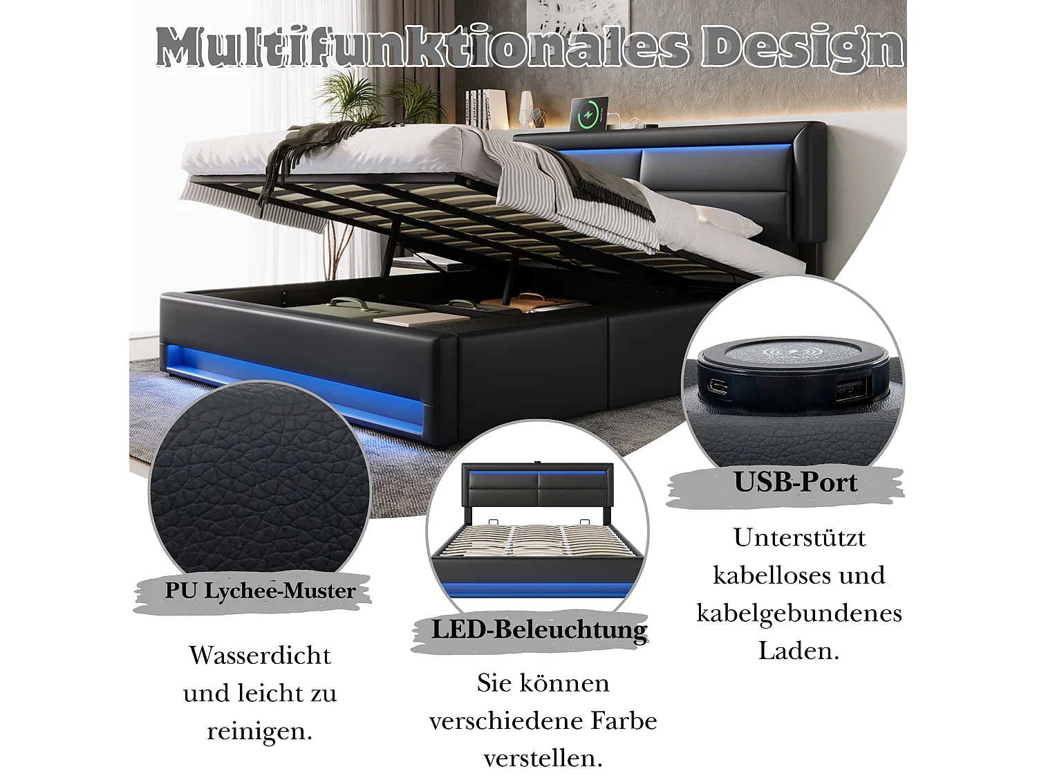 Cama de arrumação 180 x 200 cm com cabeceira e 3 gavetas - LEDs e porta USB - Couro PU - Preto (sem colchão)