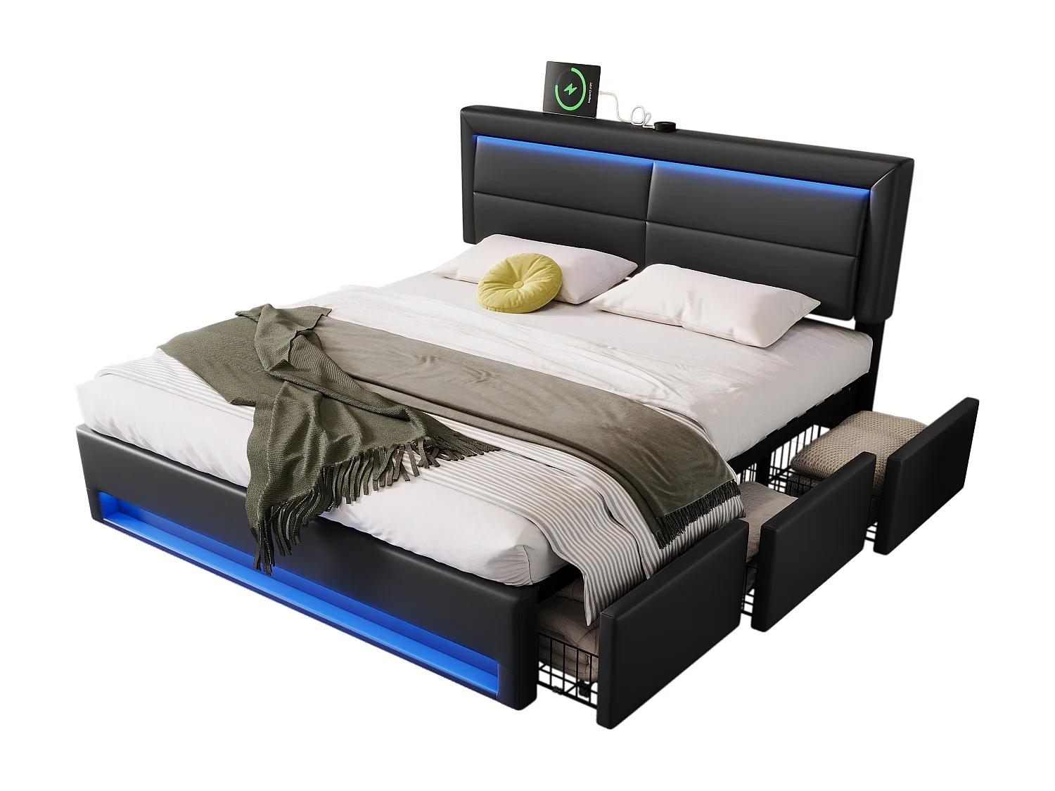 Cama de arrumação 180 x 200 cm com cabeceira e 3 gavetas - LEDs e porta USB - Couro PU - Preto (sem colchão)