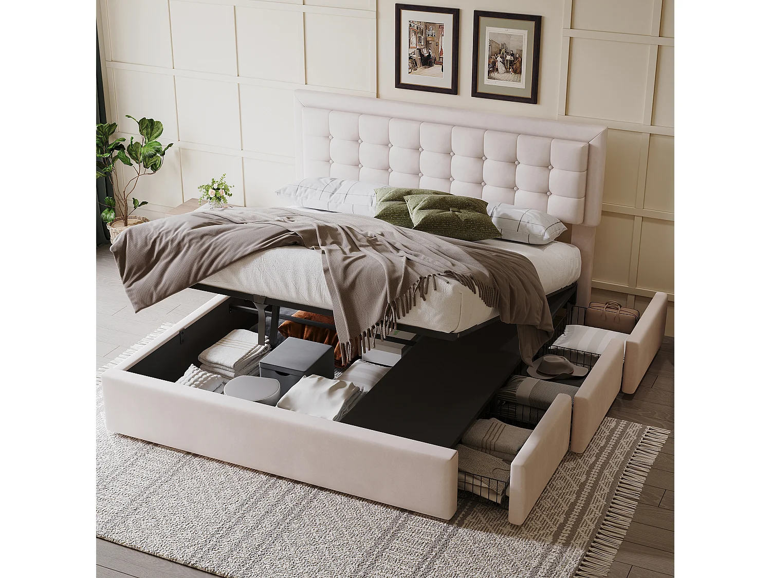 Lit coffre 160 x 200 cm avec tête de lit réglable et 3 tirois - Tissu en lin - Sommier à lattes - Beige (sans matelas)