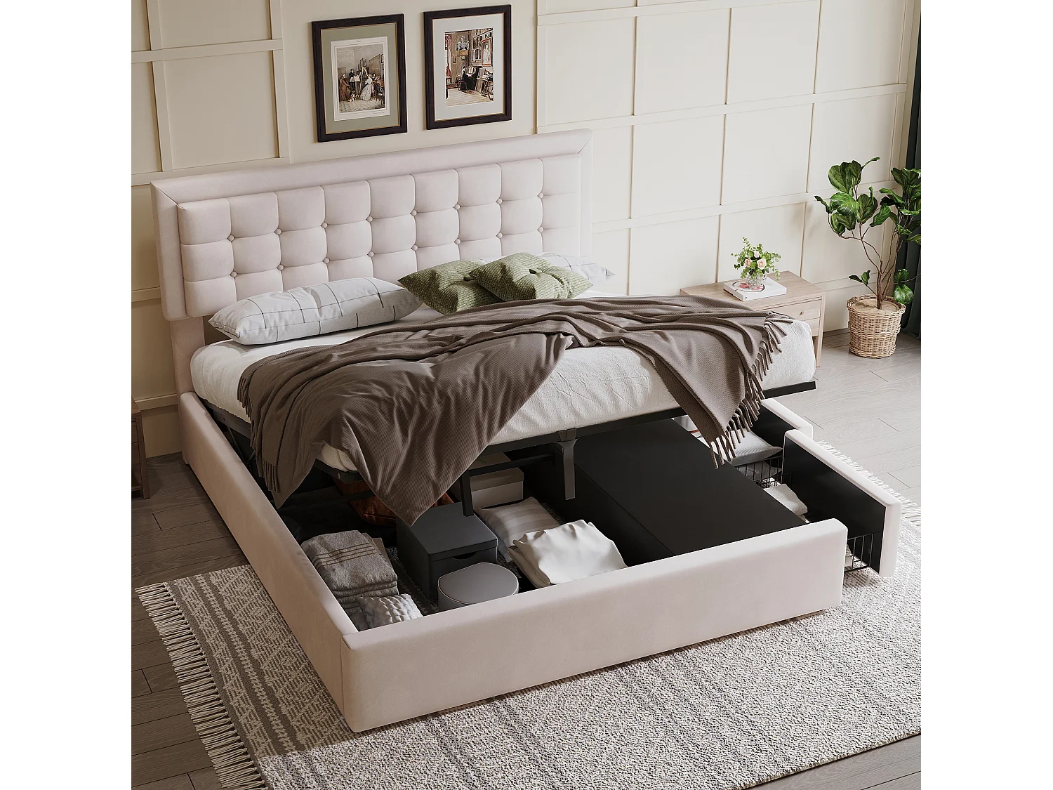 Lit coffre 160 x 200 cm avec tête de lit réglable et 3 tirois - Tissu en lin - Sommier à lattes - Beige (sans matelas)