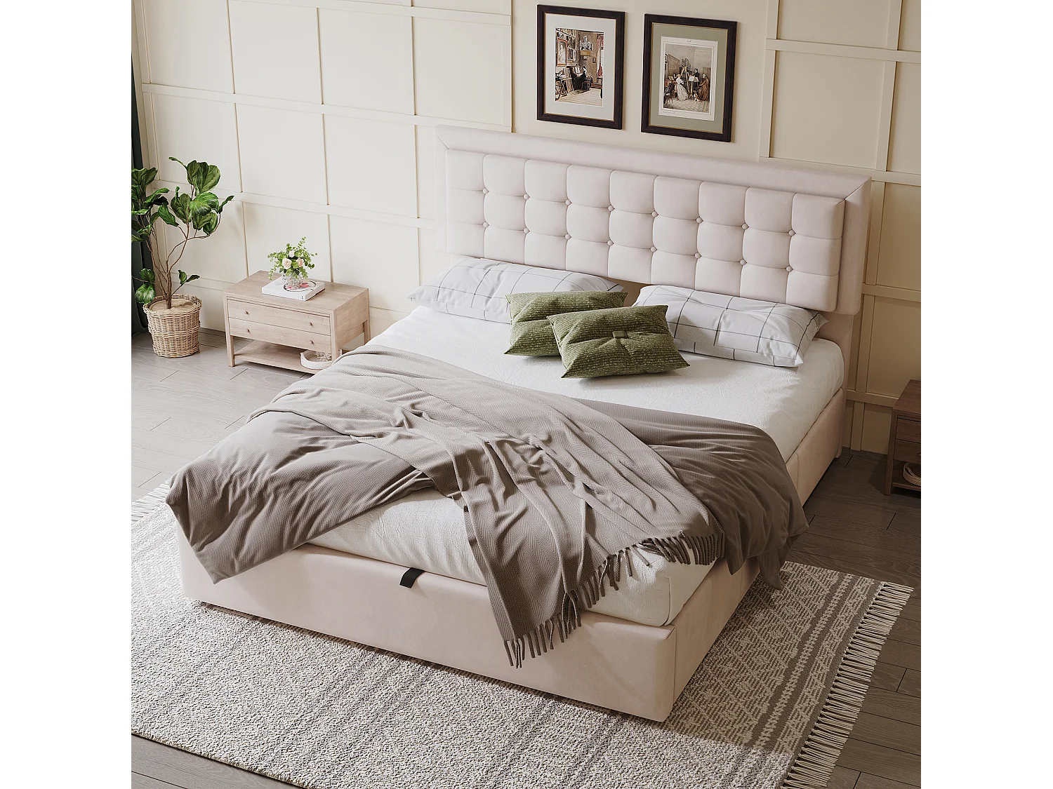 Lit coffre 160 x 200 cm avec tête de lit réglable et 3 tirois - Tissu en lin - Sommier à lattes - Beige (sans matelas)