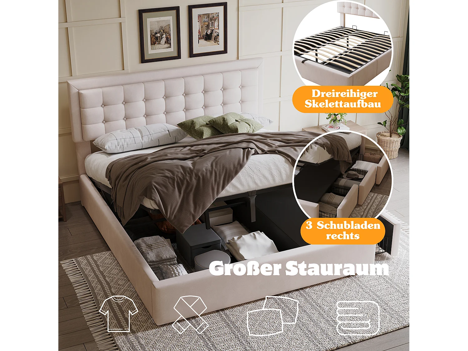 Lit coffre 160 x 200 cm avec tête de lit réglable et 3 tirois - Tissu en lin - Sommier à lattes - Beige (sans matelas)