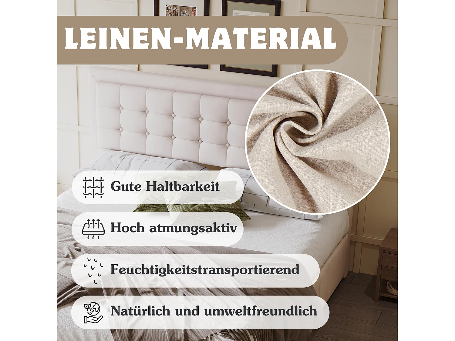 Lit coffre 160 x 200 cm avec tête de lit réglable et 3 tirois - Tissu en lin - Sommier à lattes - Beige (sans matelas)