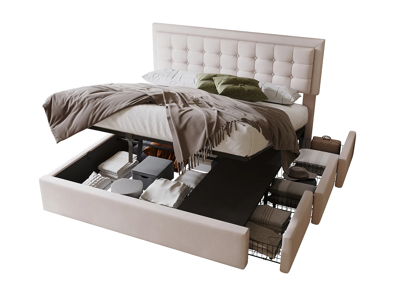 Lit coffre 160 x 200 cm avec tête de lit réglable et 3 tirois - Tissu en lin - Sommier à lattes - Beige (sans matelas)