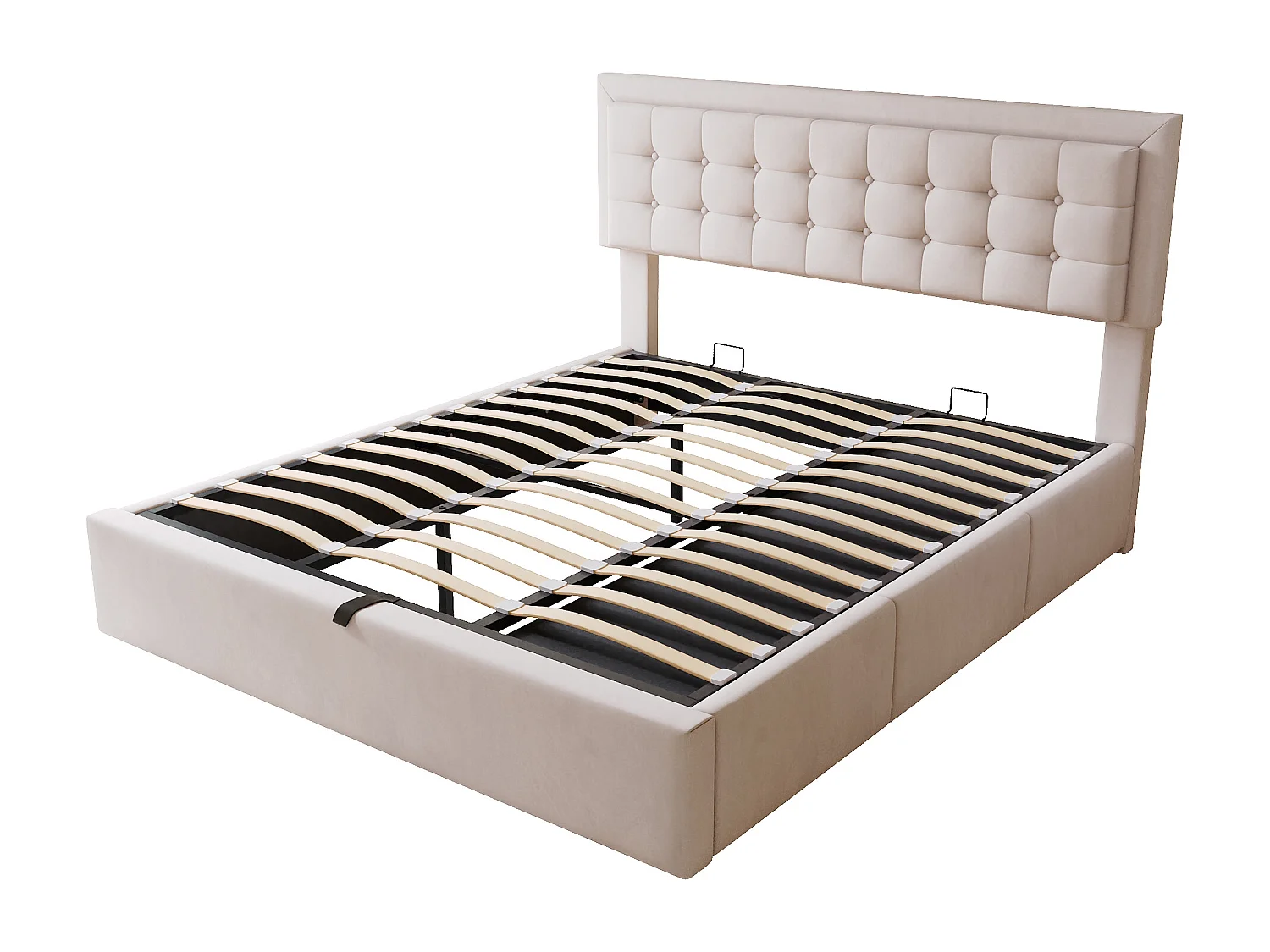 Lit coffre 160 x 200 cm avec tête de lit réglable et 3 tirois - Tissu en lin - Sommier à lattes - Beige (sans matelas)