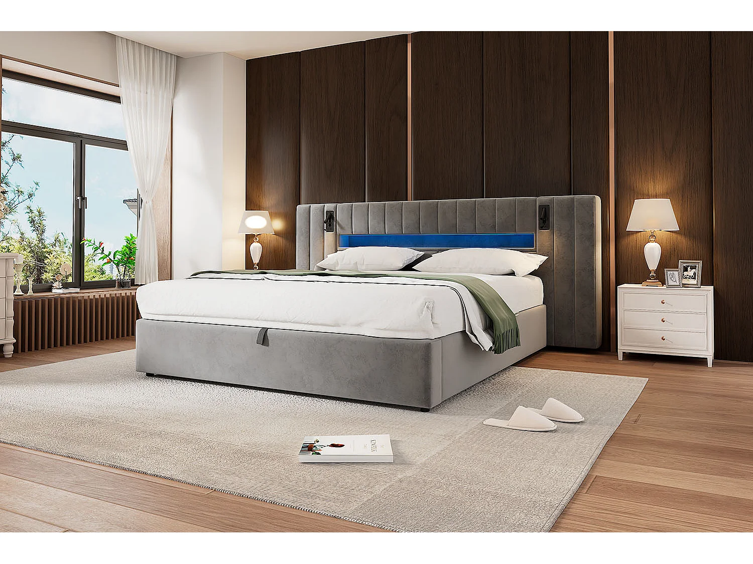 Lit coffre 180 x 200 cm avec grande tête de lit et 2 lampes de chevet - LEDs - Velours - Gris (sans matelas)