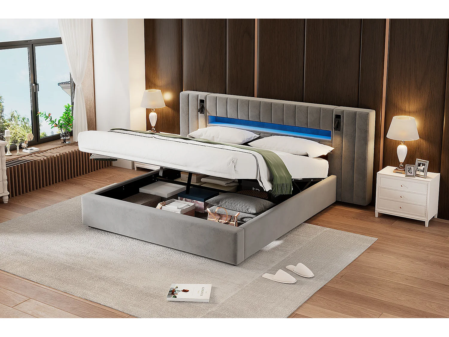 Lit coffre 180 x 200 cm avec grande tête de lit et 2 lampes de chevet - LEDs - Velours - Gris (sans matelas)