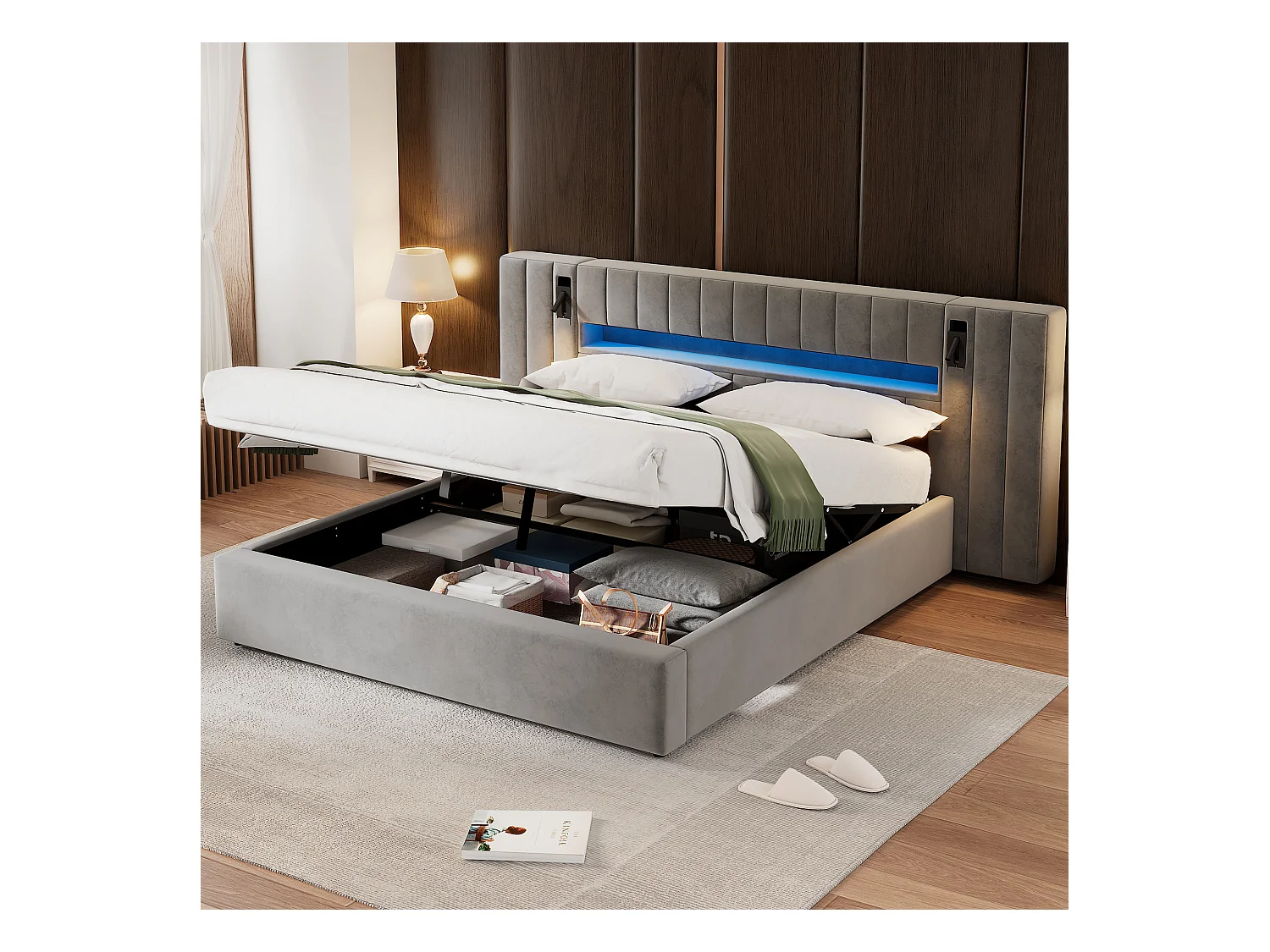 Lit coffre 180 x 200 cm avec grande tête de lit et 2 lampes de chevet - LEDs - Velours - Gris (sans matelas)