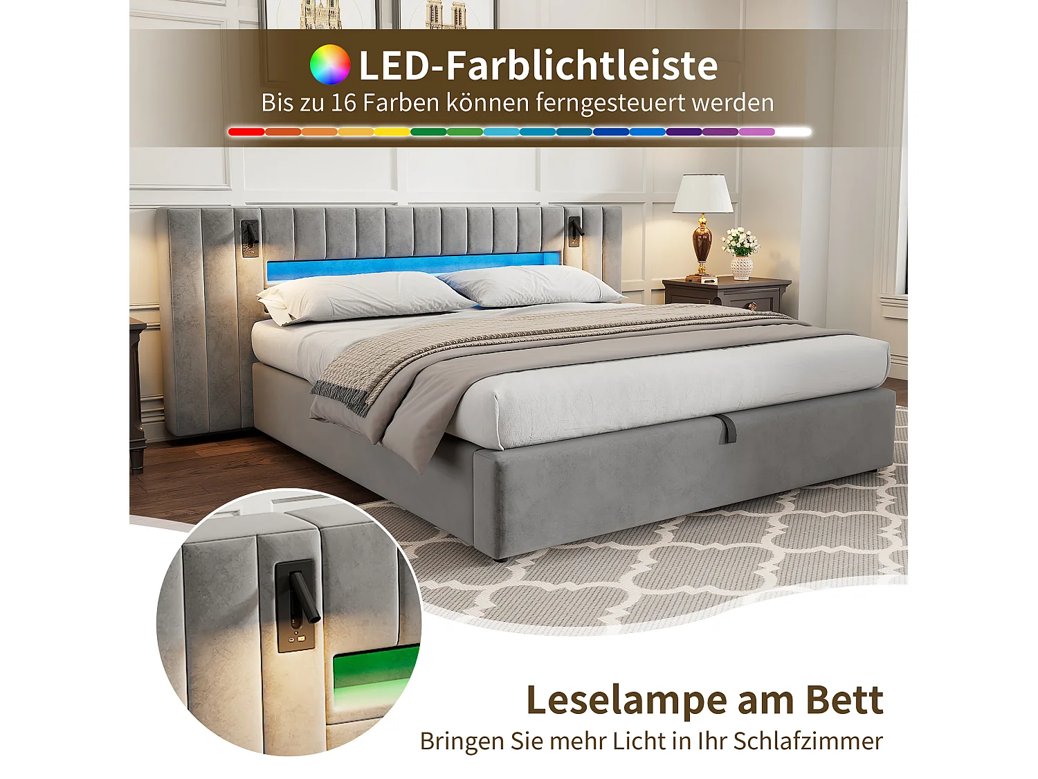 Stauraumbett 180 x 200 cm mit großem Kopfteil und 2 Nachttischlampen - LEDs - Samt - Grau (ohne Matratze)