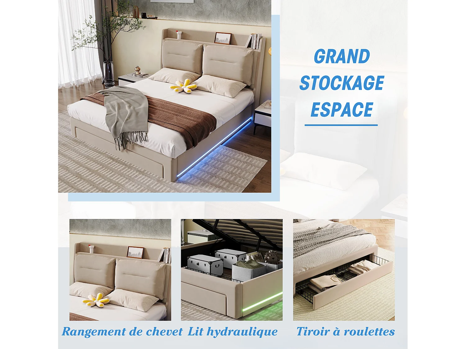 Opbergbed 140 x 190 cm met hoofdbord en 2 lades - LED's - Fluweel - Beige (zonder matras)