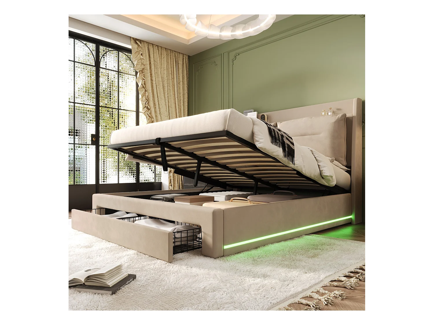 Lit coffre 140 x 190 cm avec tête de lit et 2 tiroirs - LEDs - Velours - Beige (sans matelas)