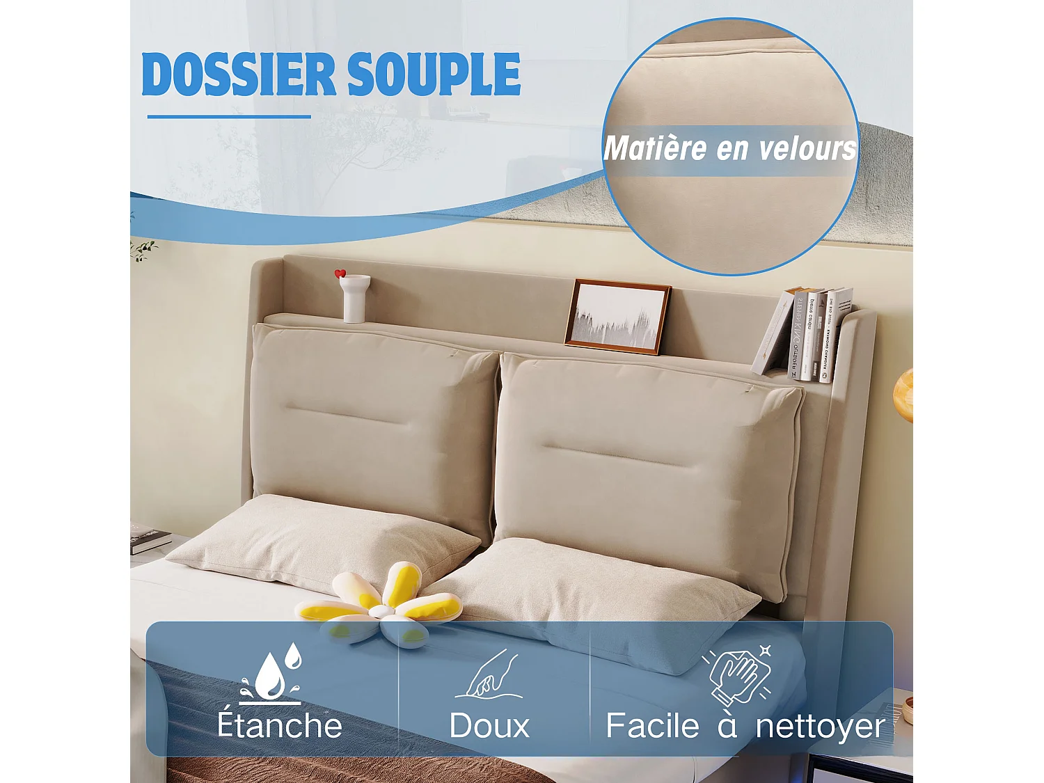 Lit coffre 140 x 190 cm avec tête de lit et 2 tiroirs - LEDs - Velours - Beige (sans matelas)