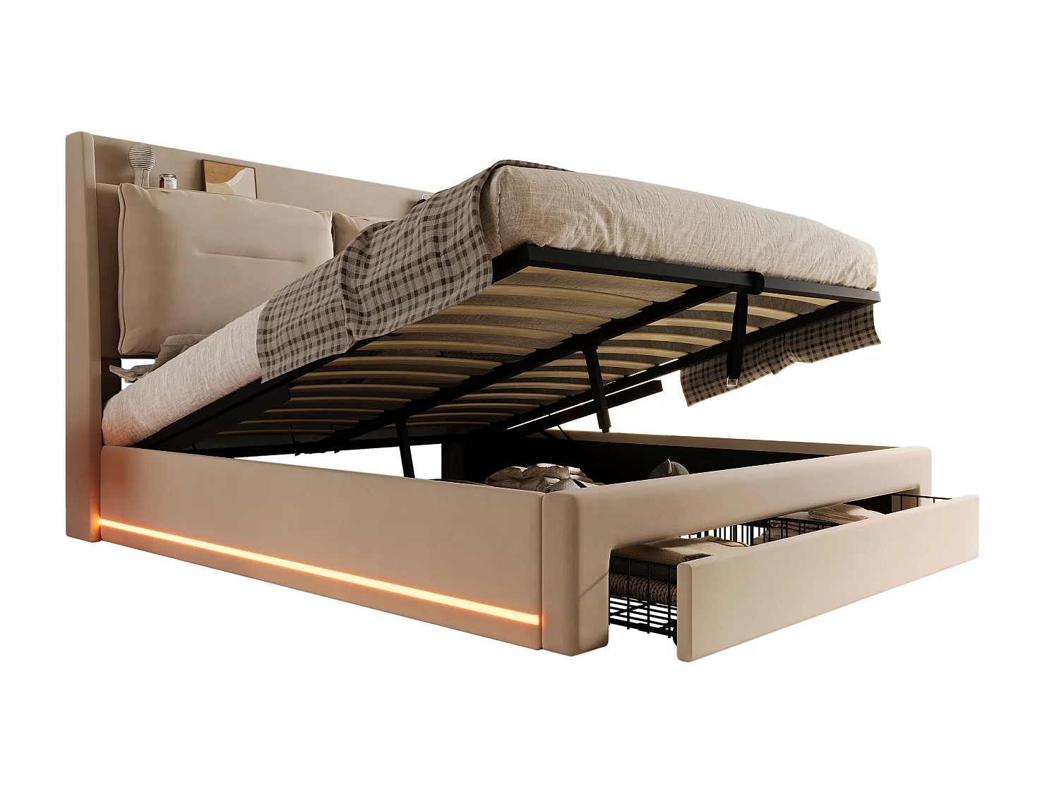 Lit coffre 140 x 190 cm avec tête de lit et 2 tiroirs - LEDs - Velours - Beige (sans matelas)