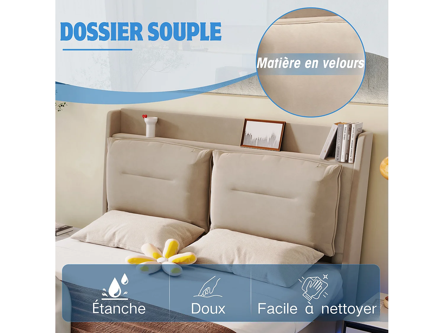 Letto contenitore 140 x 190 cm con testiera e 2 cassetti - LED - Velluto - Beige (senza materasso)