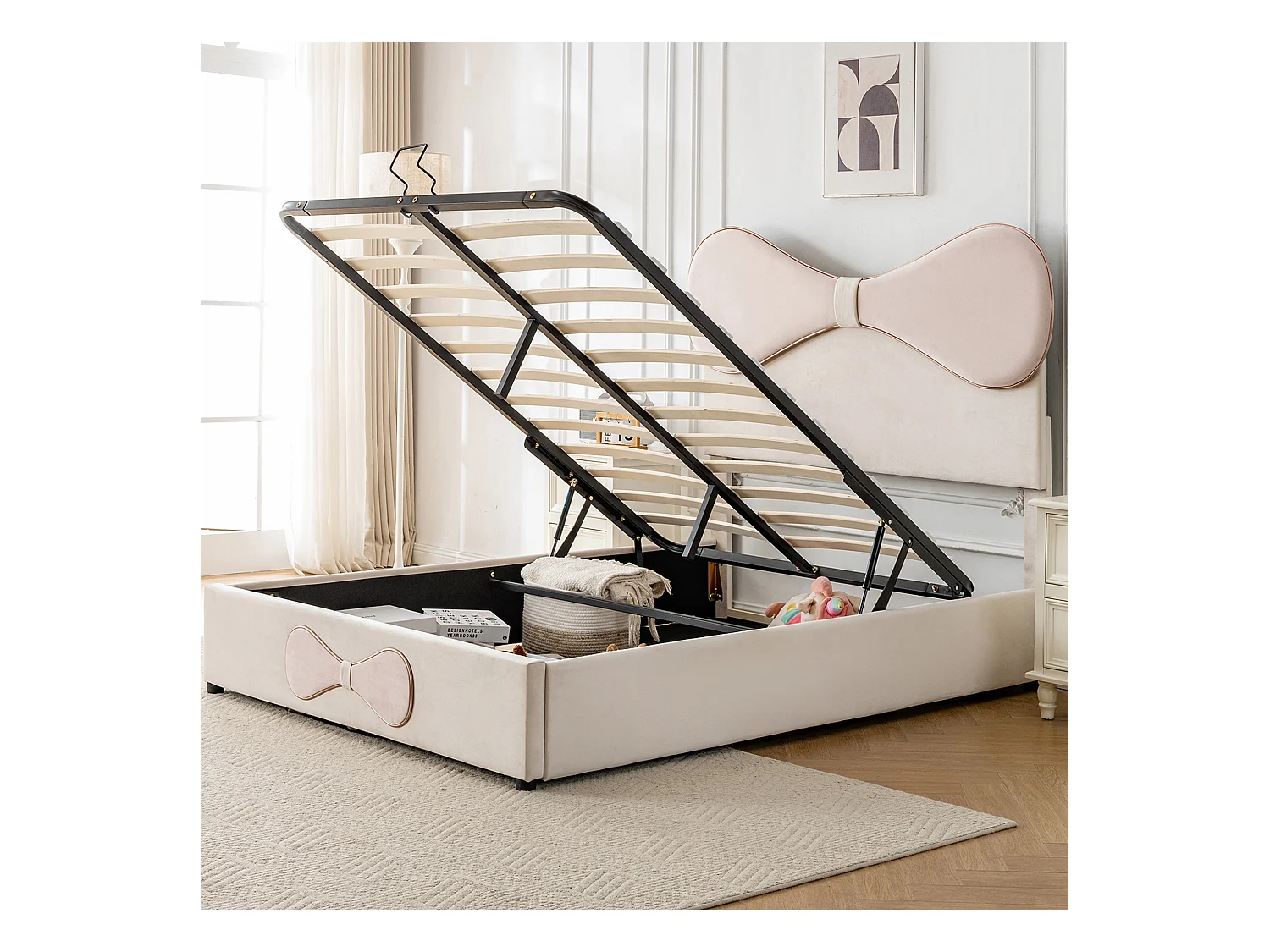 Lit coffre 140 x 200 cm avec tête de lit tapissée noeud papillon - Velours - Beige+rose (sans matelas)