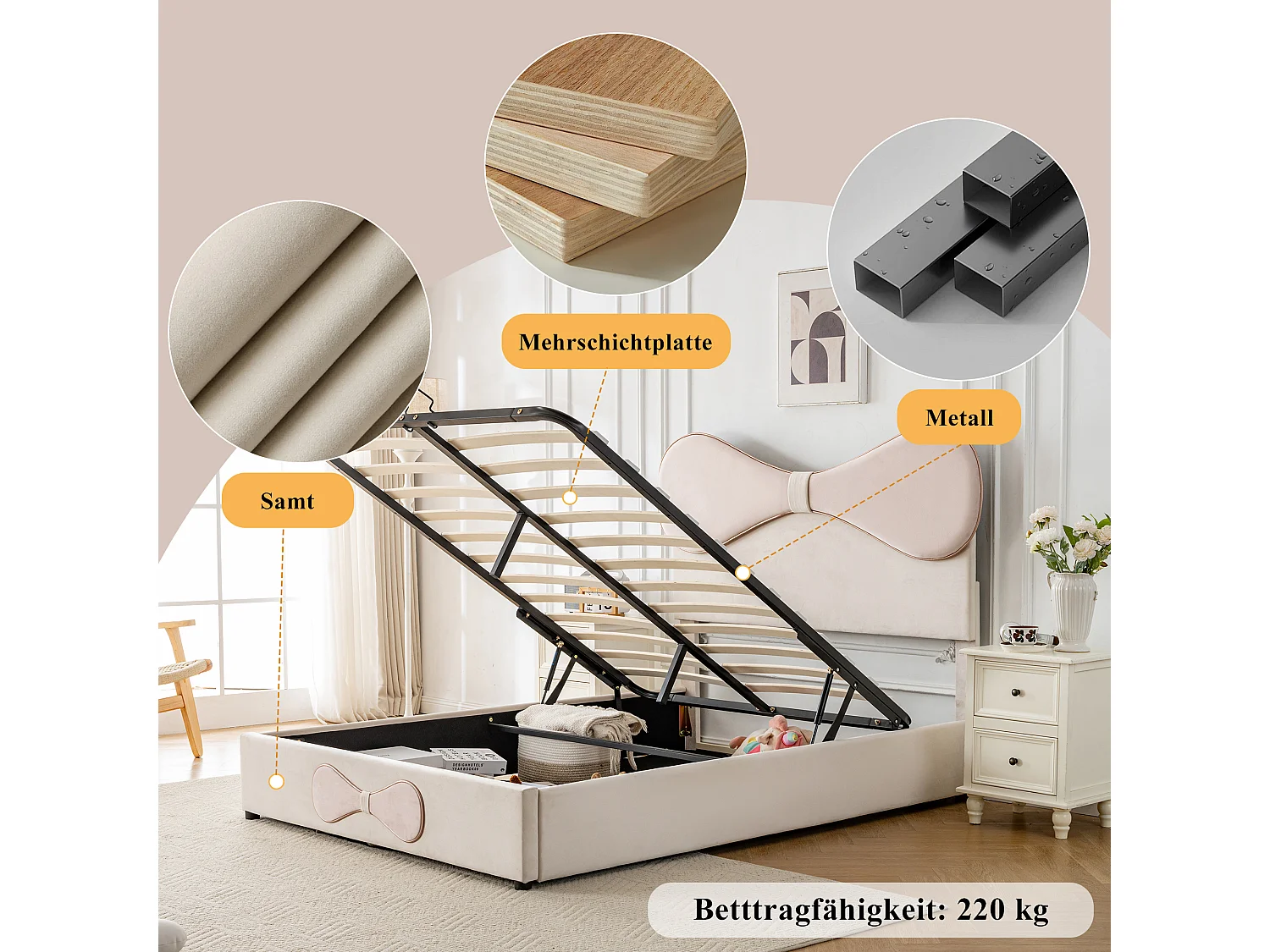 Lit coffre 140 x 200 cm avec tête de lit tapissée noeud papillon - Velours - Beige+rose (sans matelas)