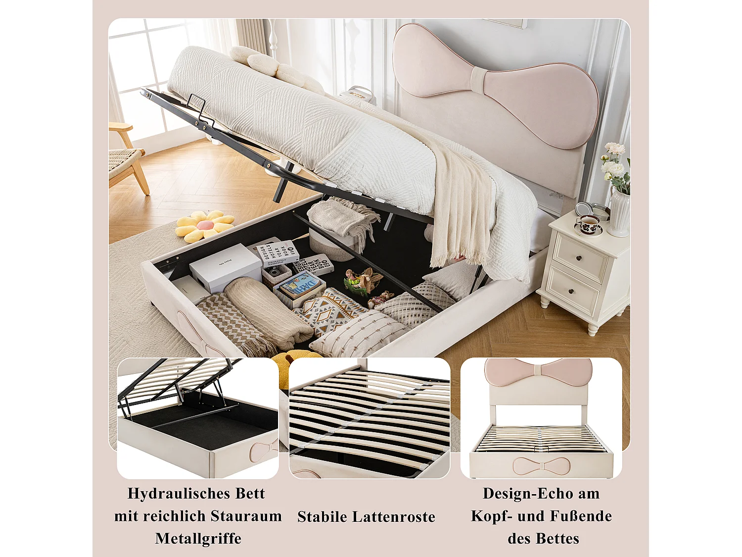 Lit coffre 140 x 200 cm avec tête de lit tapissée noeud papillon - Velours - Beige+rose (sans matelas)