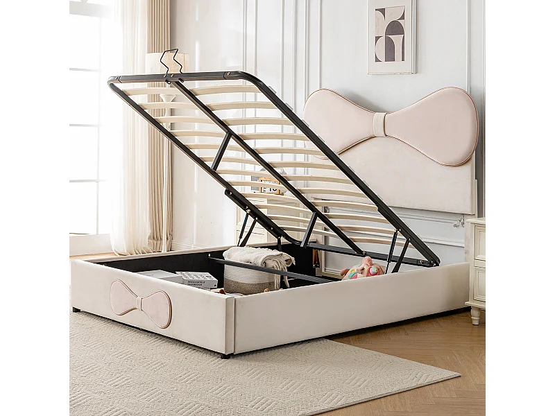 Cama canapé 140x200 cm con cabecero tapizado pajarita - Terciopelo - Beige + rosa (sin colchón)