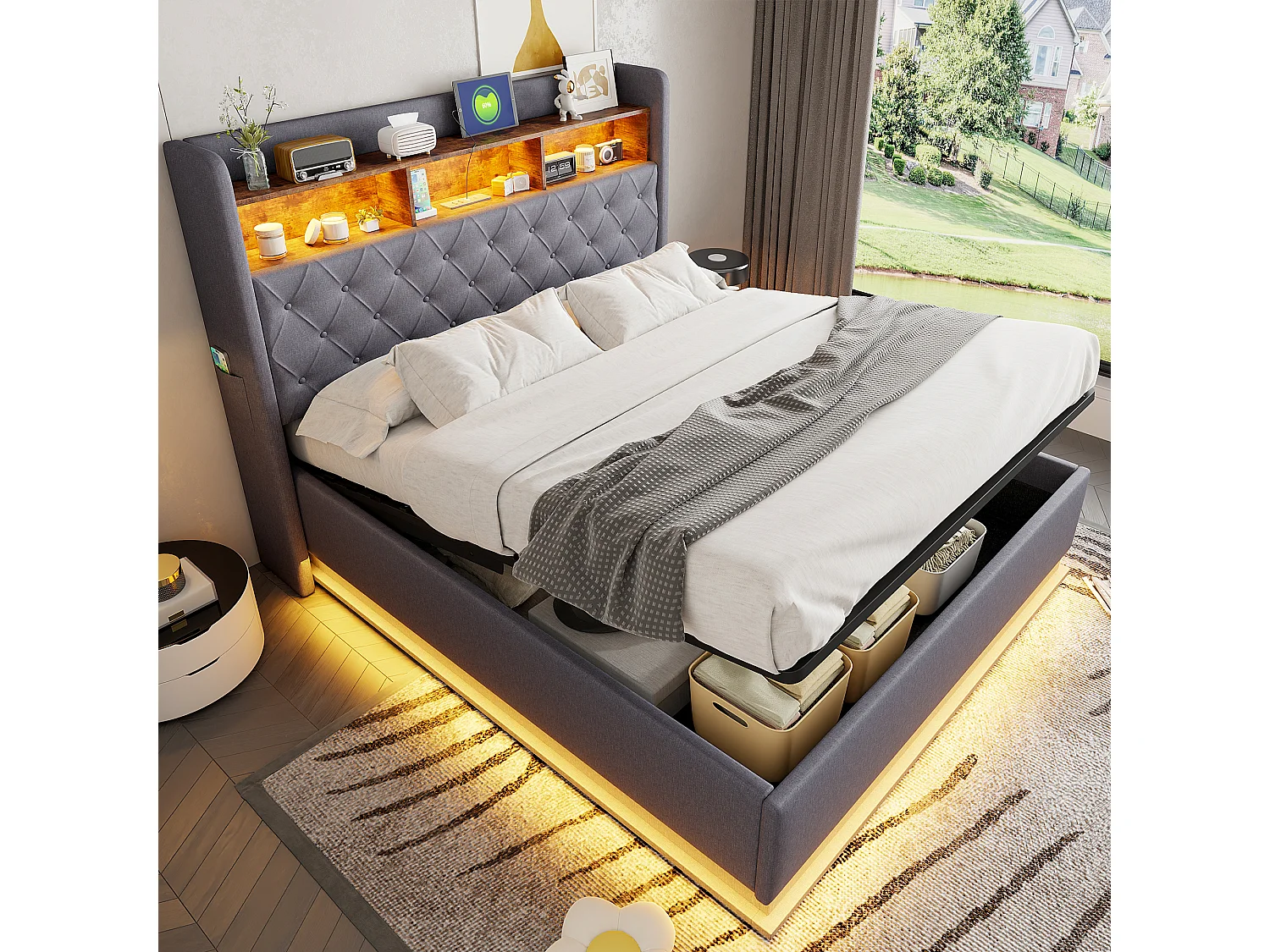 Letto contenitore 160 x 200 cm con testiera contenitore - Ricarica USB e LED - Tessuto lino - Grigio