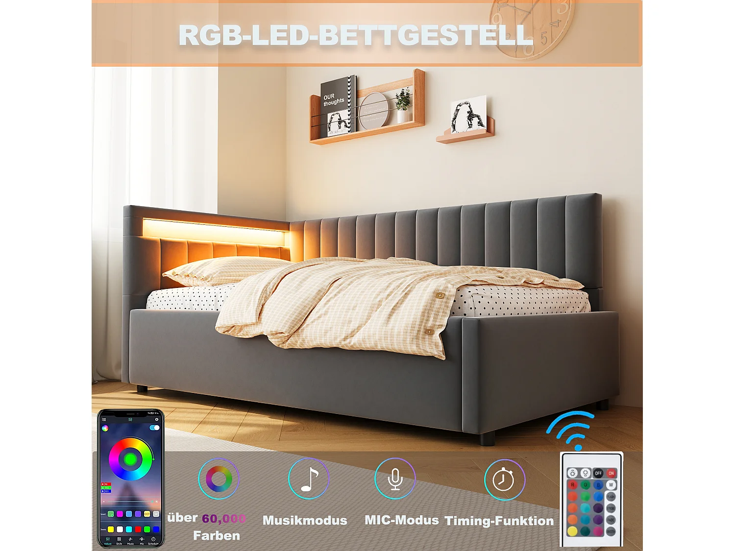 Cama canapé 90x200 cm con cabecero intercambiable - LED - Terciopelo - Gris oscuro