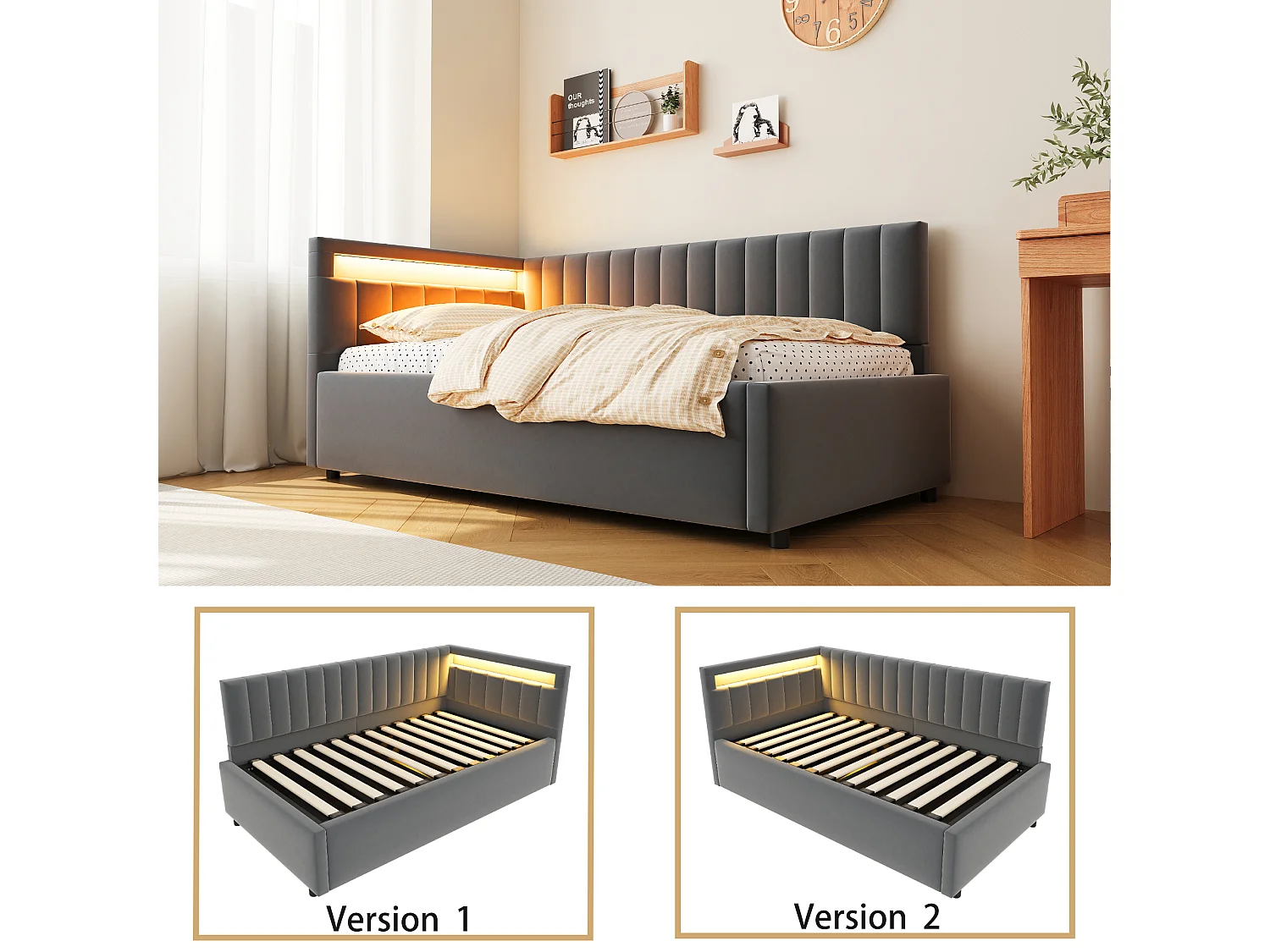 Lit coffre 90 x 200 cm avec tête de lit à position interchangeable - LEDs - Velours - Gris foncé