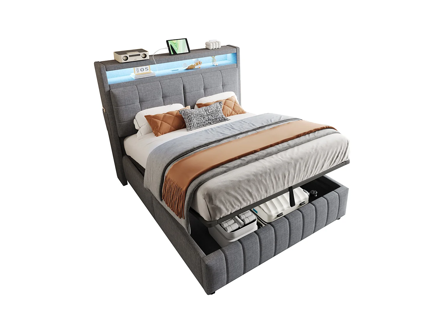 Lit coffre 140 x 200 cm avec tête de lit et compartiments - LEDs et prise USB - Tissu en lin - Gris (sans matelas)