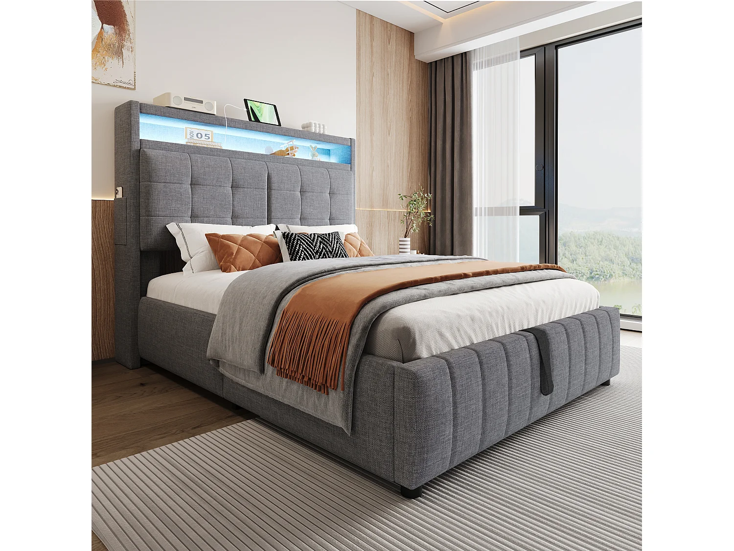 Letto contenitore 140 x 200 cm con testiera e scomparti - LED e presa USB - Tessuto lino - Grigio (senza materasso)