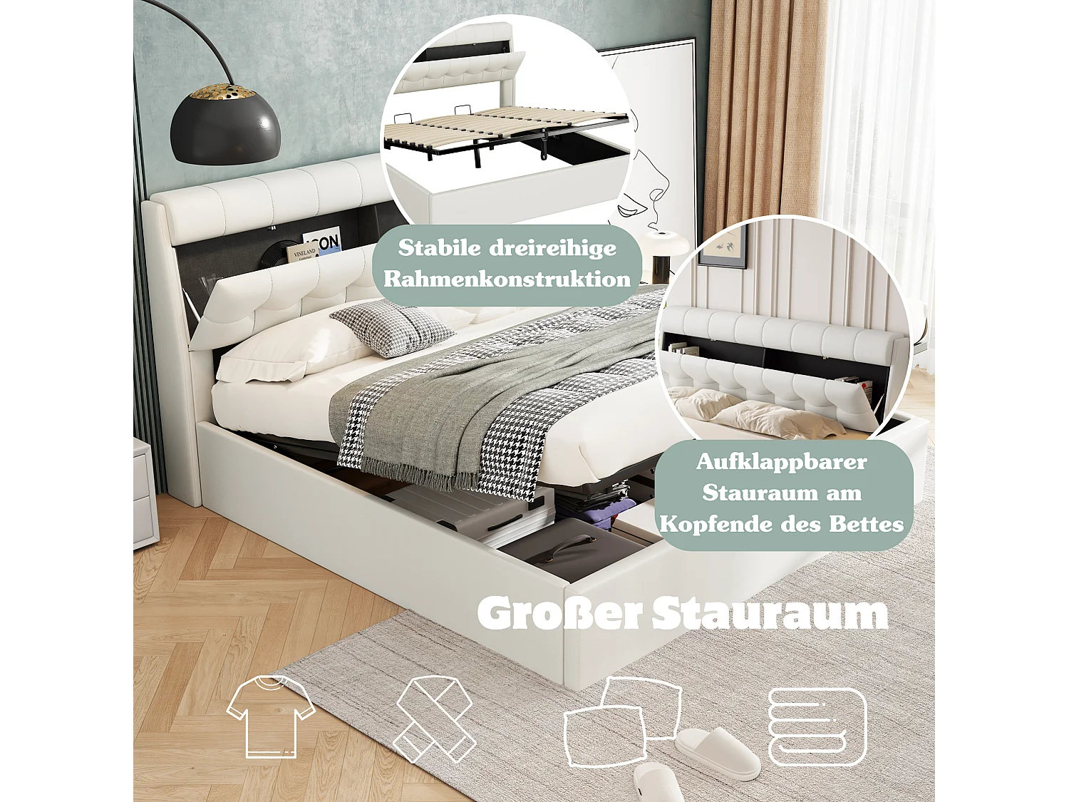 Lit coffre 180 x 200 cm avec tête de lit rangement - LEDs - Cuir PU - Blanc (sans matelas)