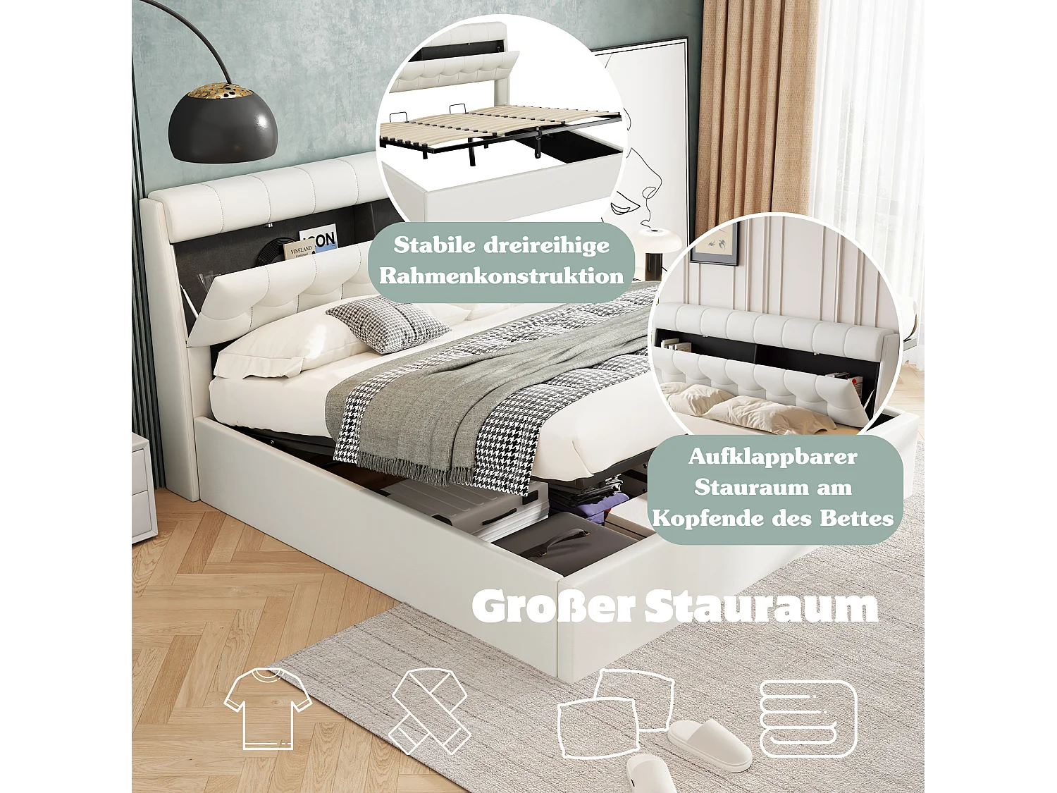 Stauraumbett 180 x 200 cm mit Stauraum-Kopfteil - LEDs - PU-Leder - Weiß (ohne Matratze)