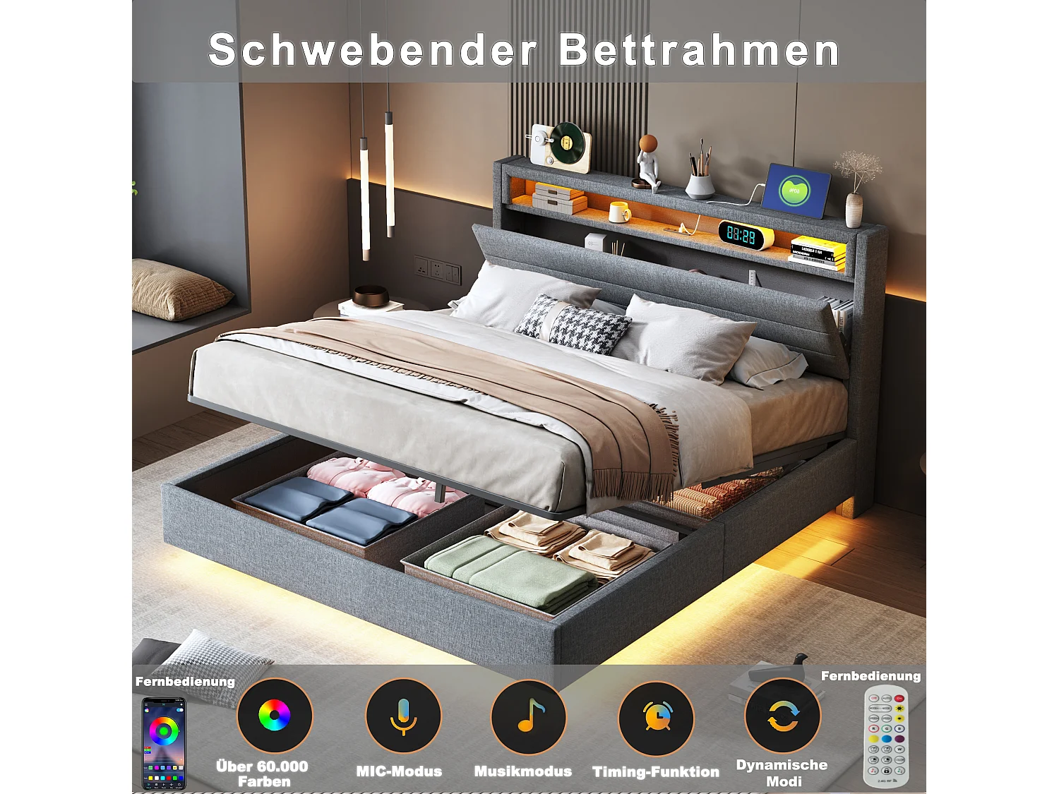 Lit coffre 160 x 200 cm avec tête de lit coffre et compartiments - LEDs et prise USB - Tissu en lin - Gris