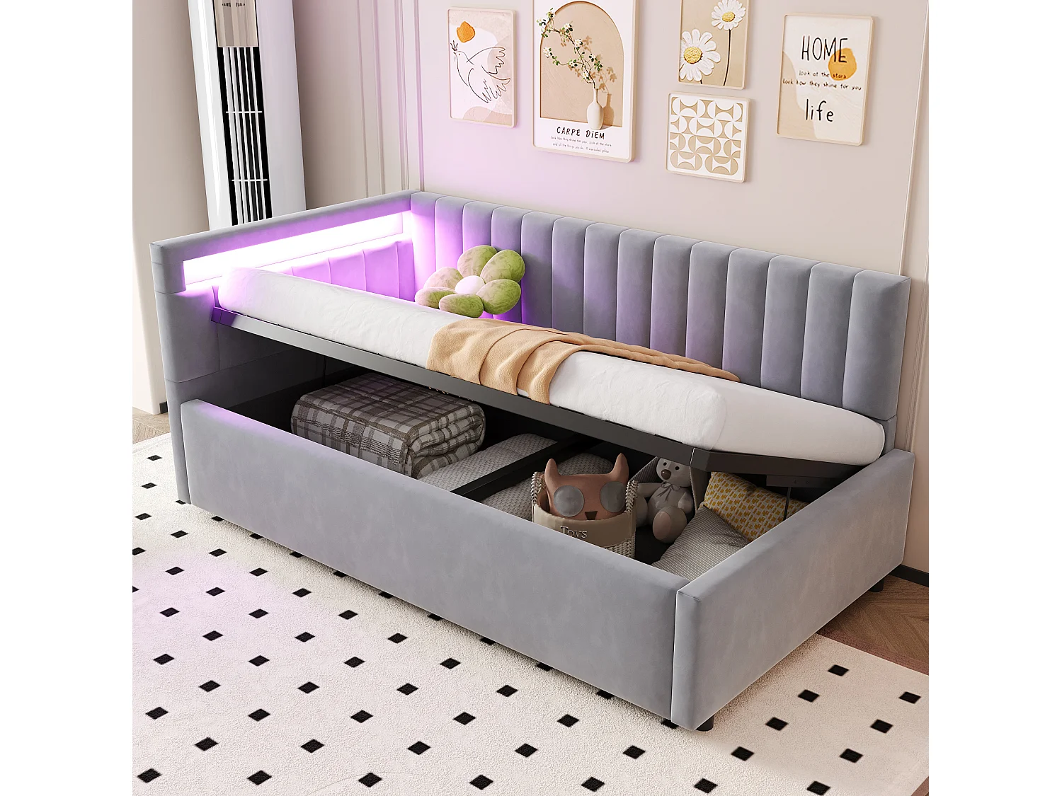 Lit coffre 90 x 200 cm avec tête de lit à position interchangeable - LEDs - Velours - Gris clair