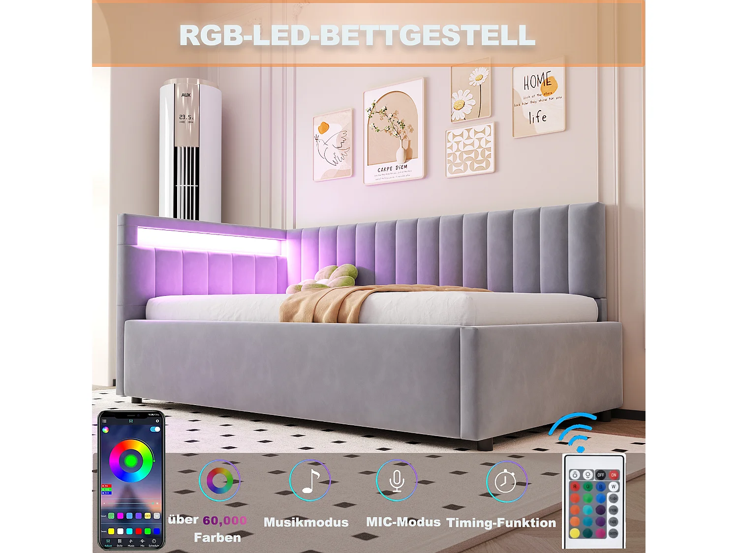 Lit coffre 90 x 200 cm avec tête de lit à position interchangeable - LEDs - Velours - Gris clair