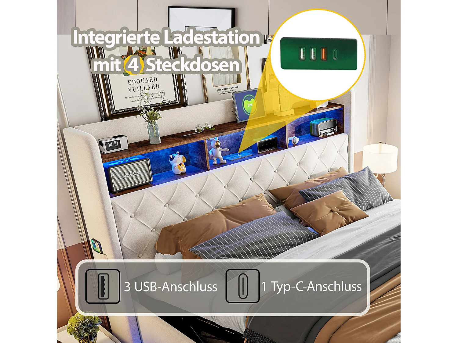 180 x 200 cm opbergbed met opberghoofdeinde - USB-oplading en LED's - Linnen stof - Beige
