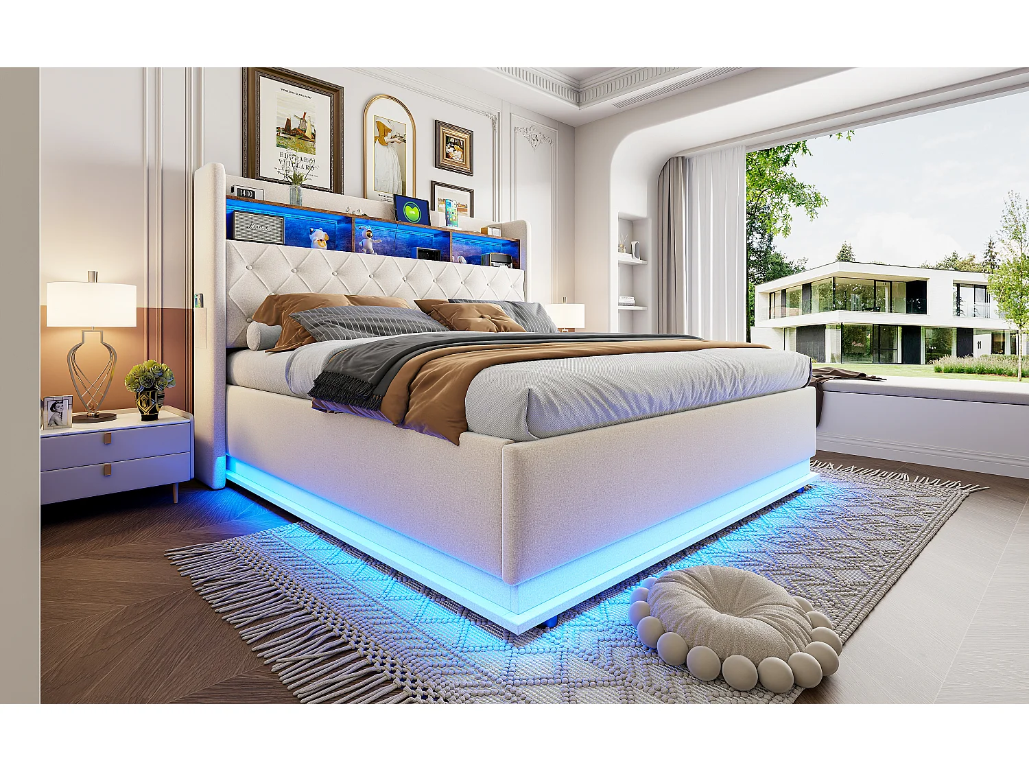 180 x 200 cm opbergbed met opberghoofdeinde - USB-oplading en LED's - Linnen stof - Beige