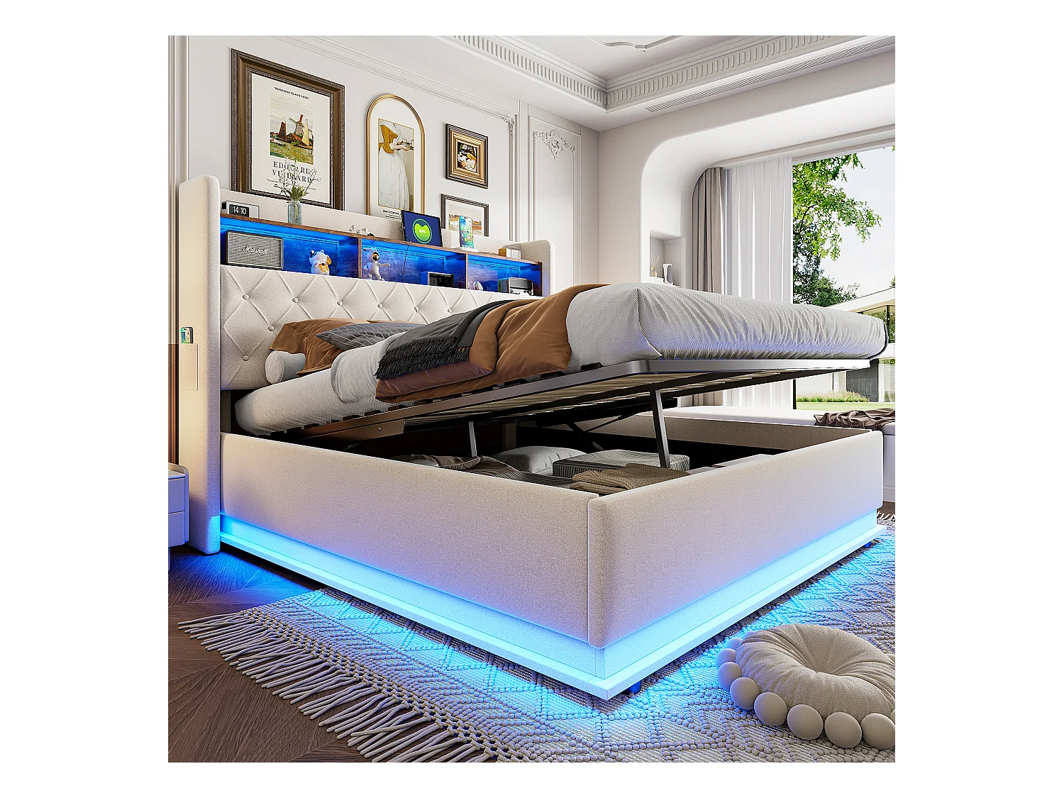 Lit coffre 180 x 200 cm avec tête de lit rangement - Charge USB et LEDs - Tissu en lin - Beige