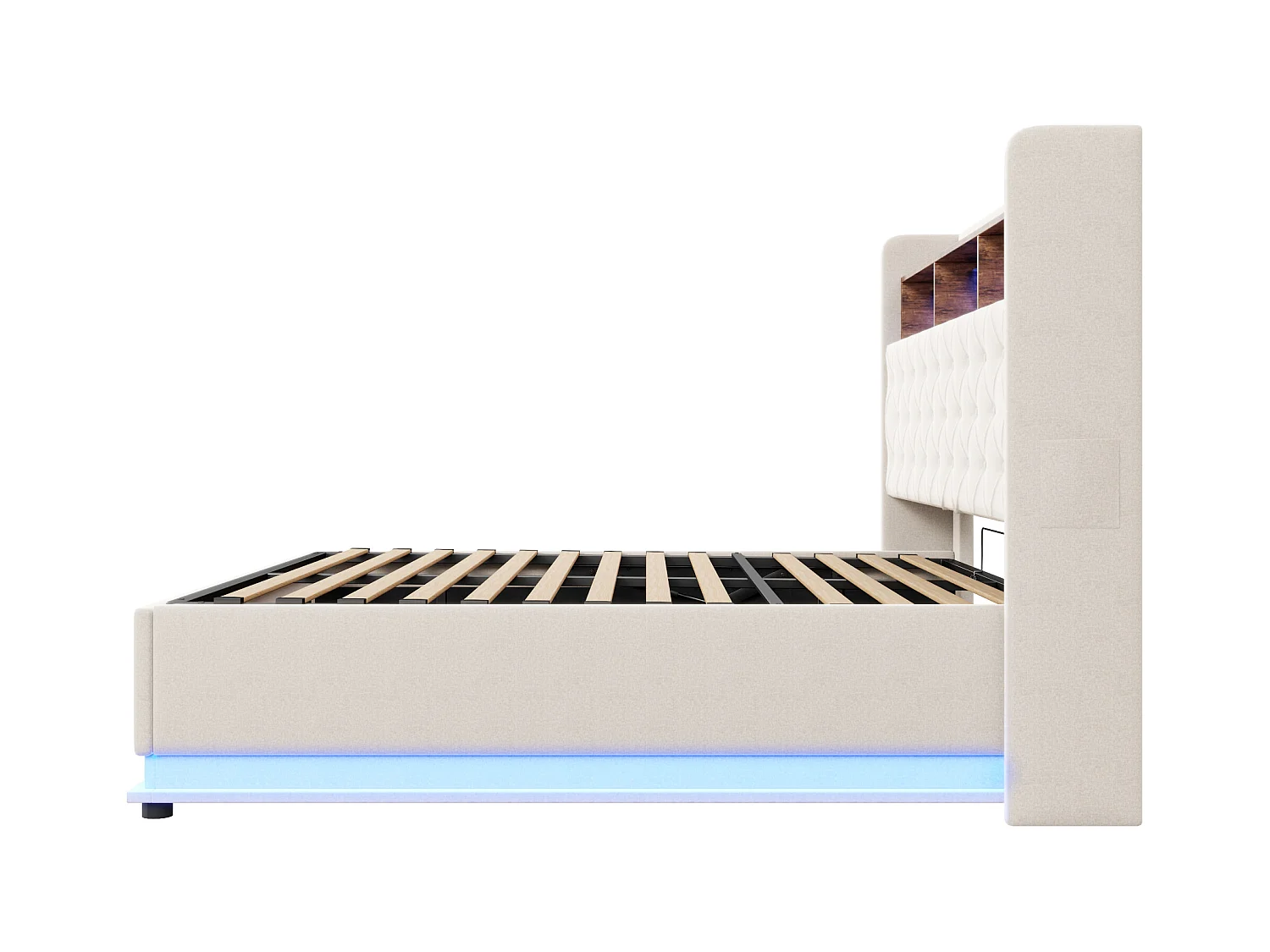 Lit coffre 180 x 200 cm avec tête de lit rangement - Charge USB et LEDs - Tissu en lin - Beige
