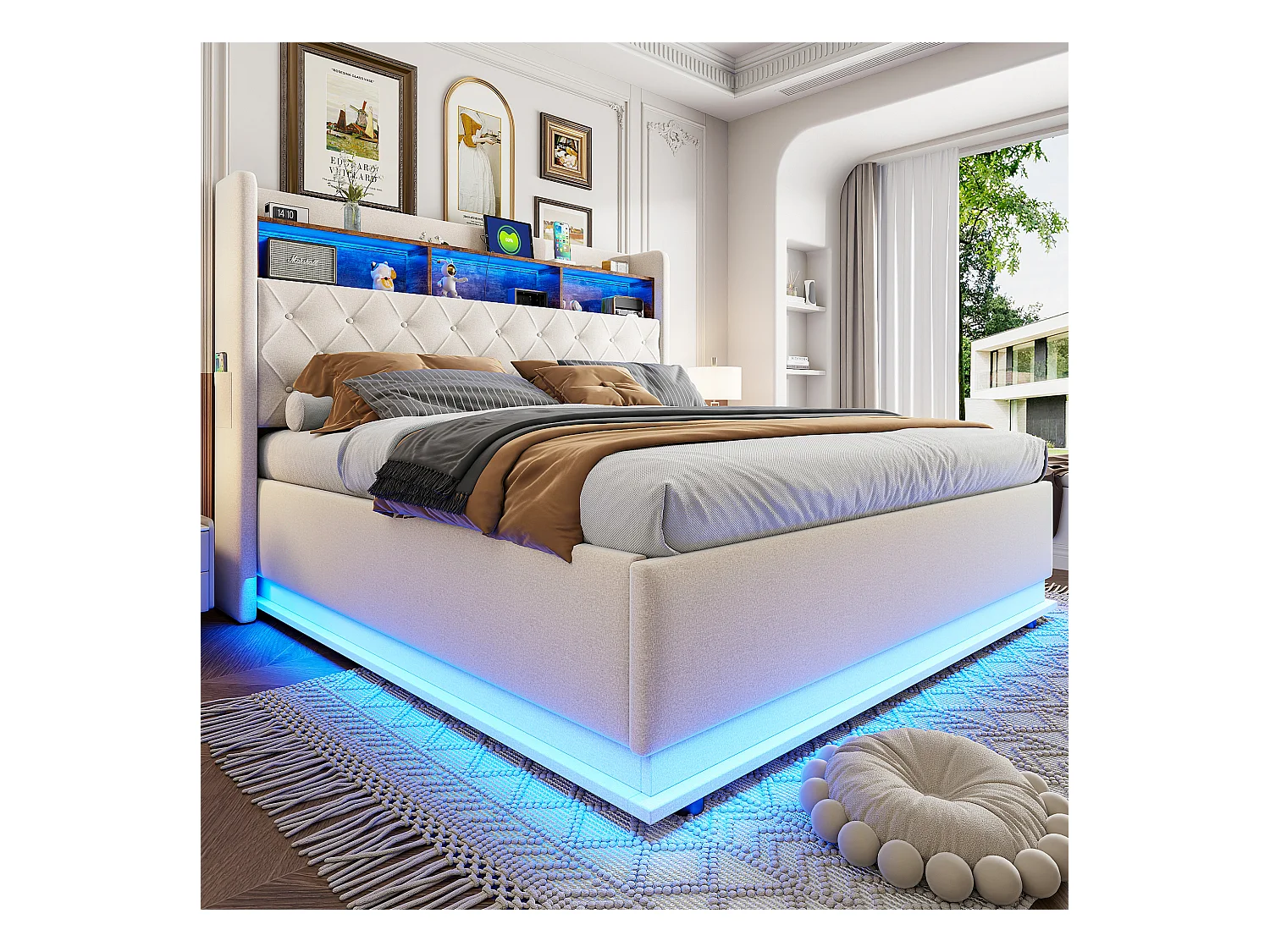 Lit coffre 180 x 200 cm avec tête de lit rangement - Charge USB et LEDs - Tissu en lin - Beige