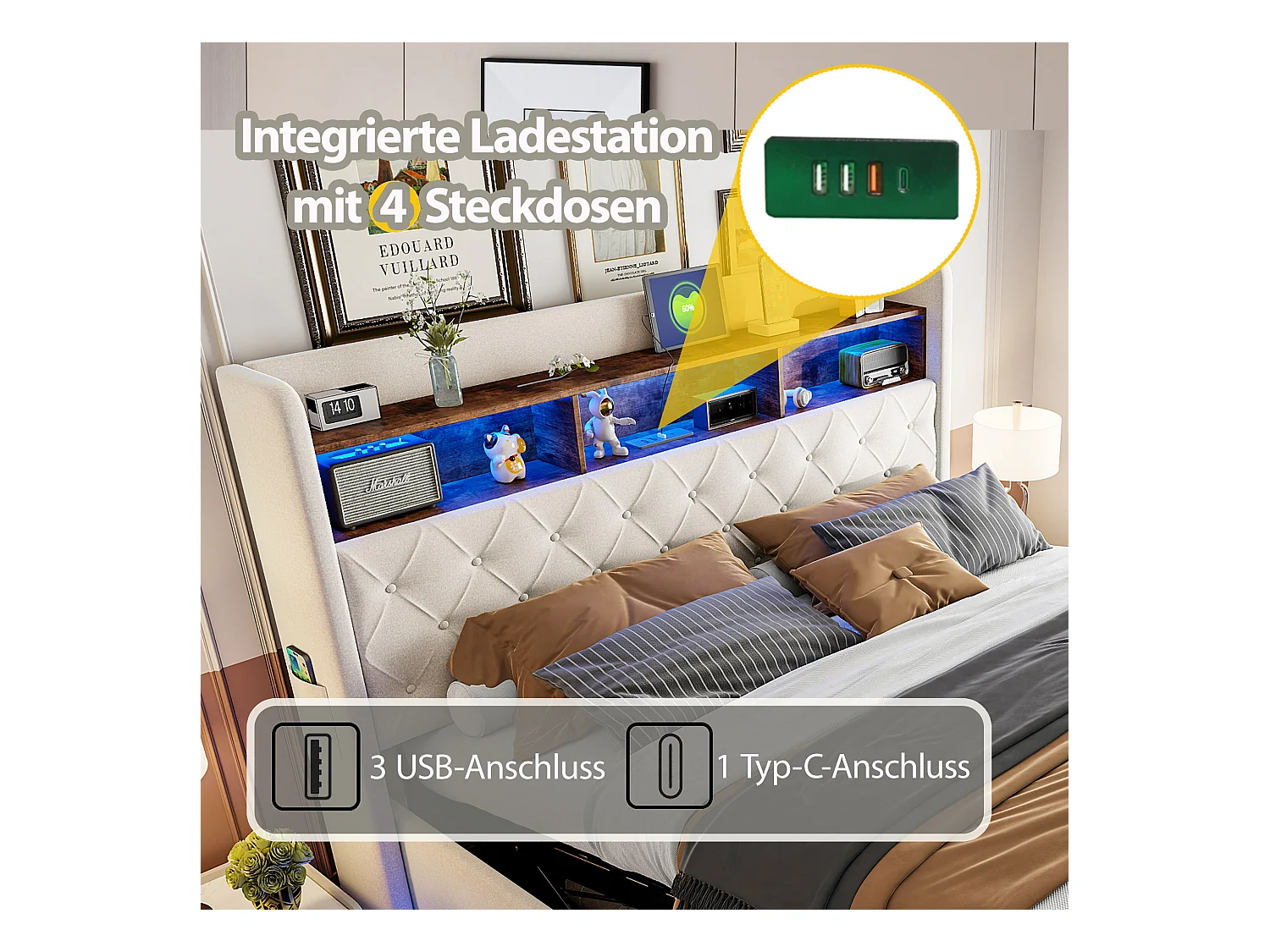 Lit coffre 180 x 200 cm avec tête de lit rangement - Charge USB et LEDs - Tissu en lin - Beige