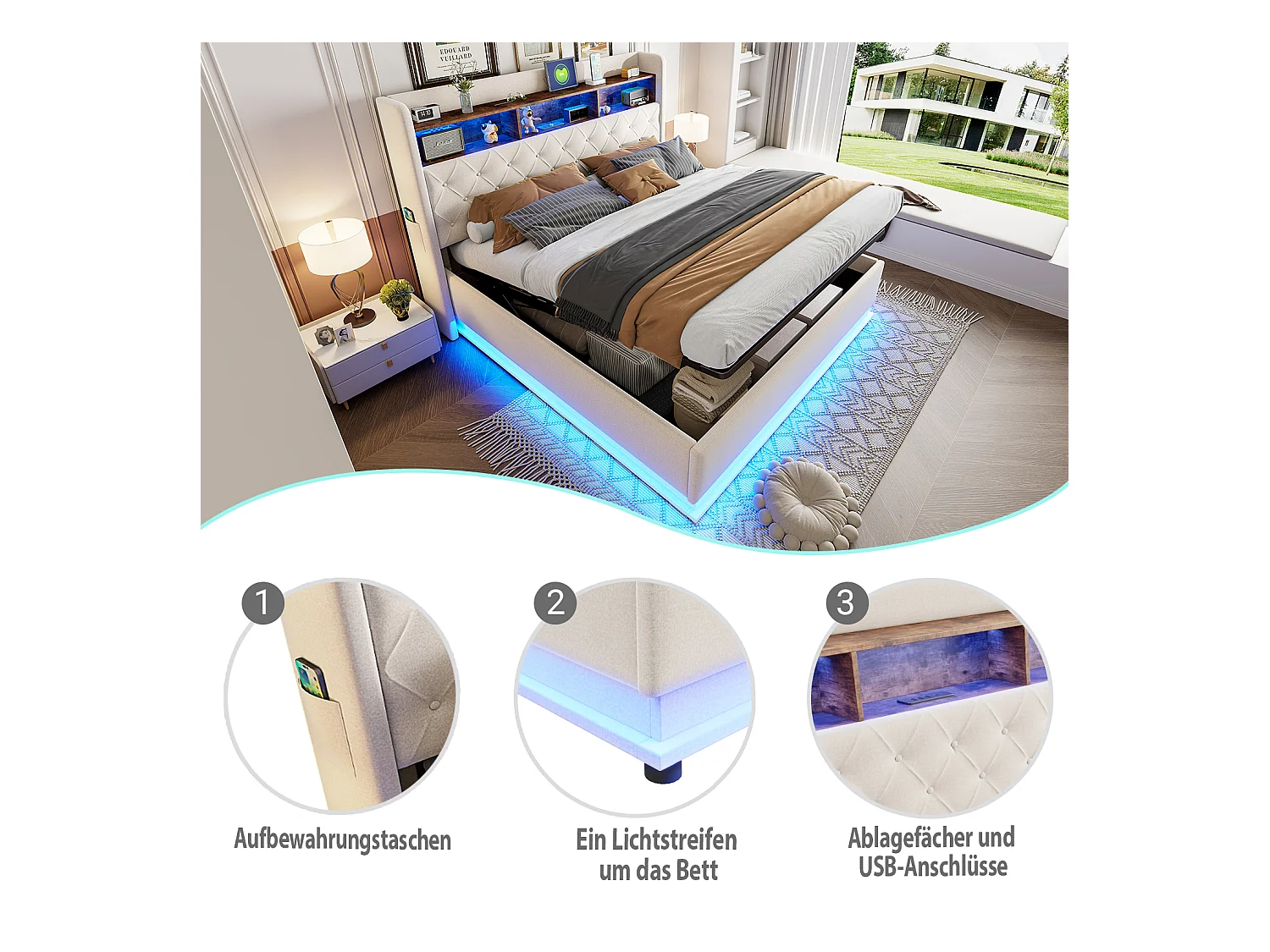 Lit coffre 180 x 200 cm avec tête de lit rangement - Charge USB et LEDs - Tissu en lin - Beige