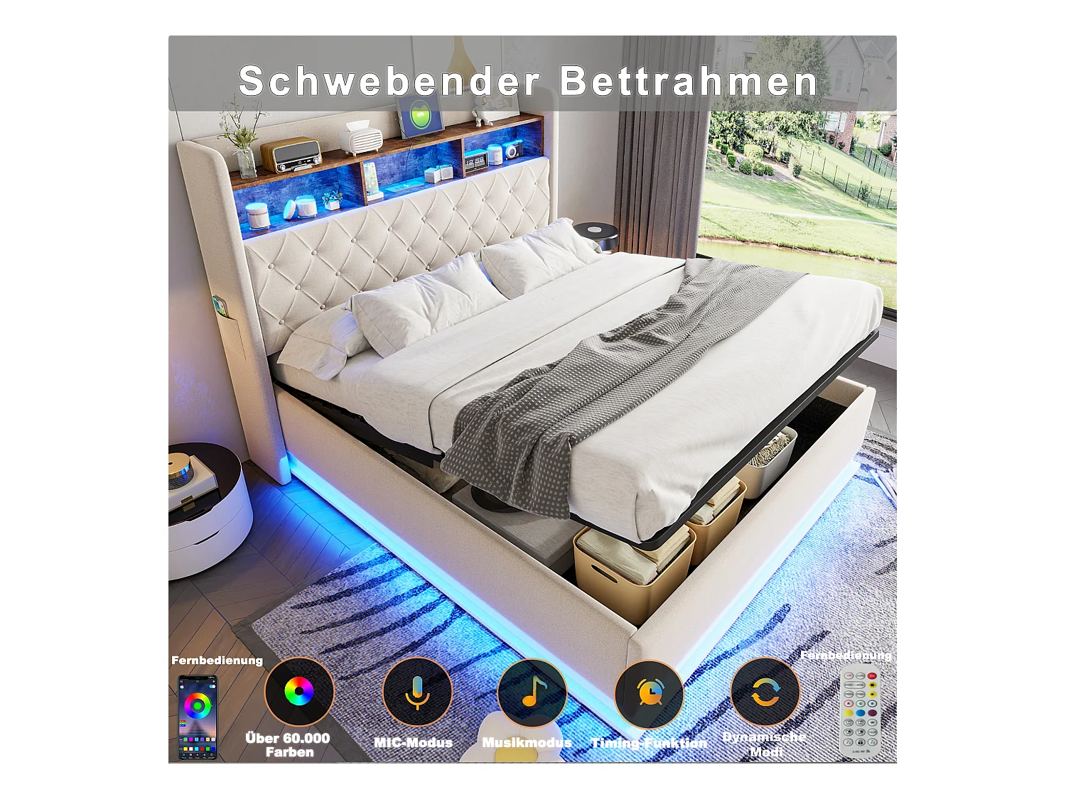Lit coffre 180 x 200 cm avec tête de lit rangement - Charge USB et LEDs - Tissu en lin - Beige