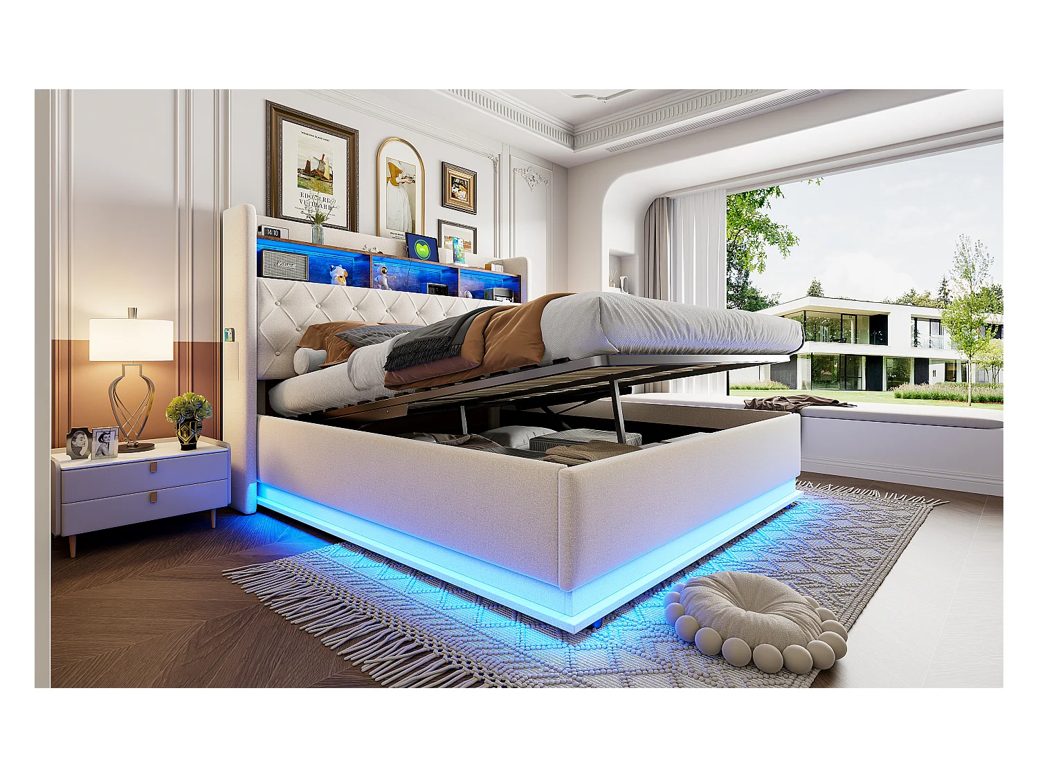 Lit coffre 180 x 200 cm avec tête de lit rangement - Charge USB et LEDs - Tissu en lin - Beige
