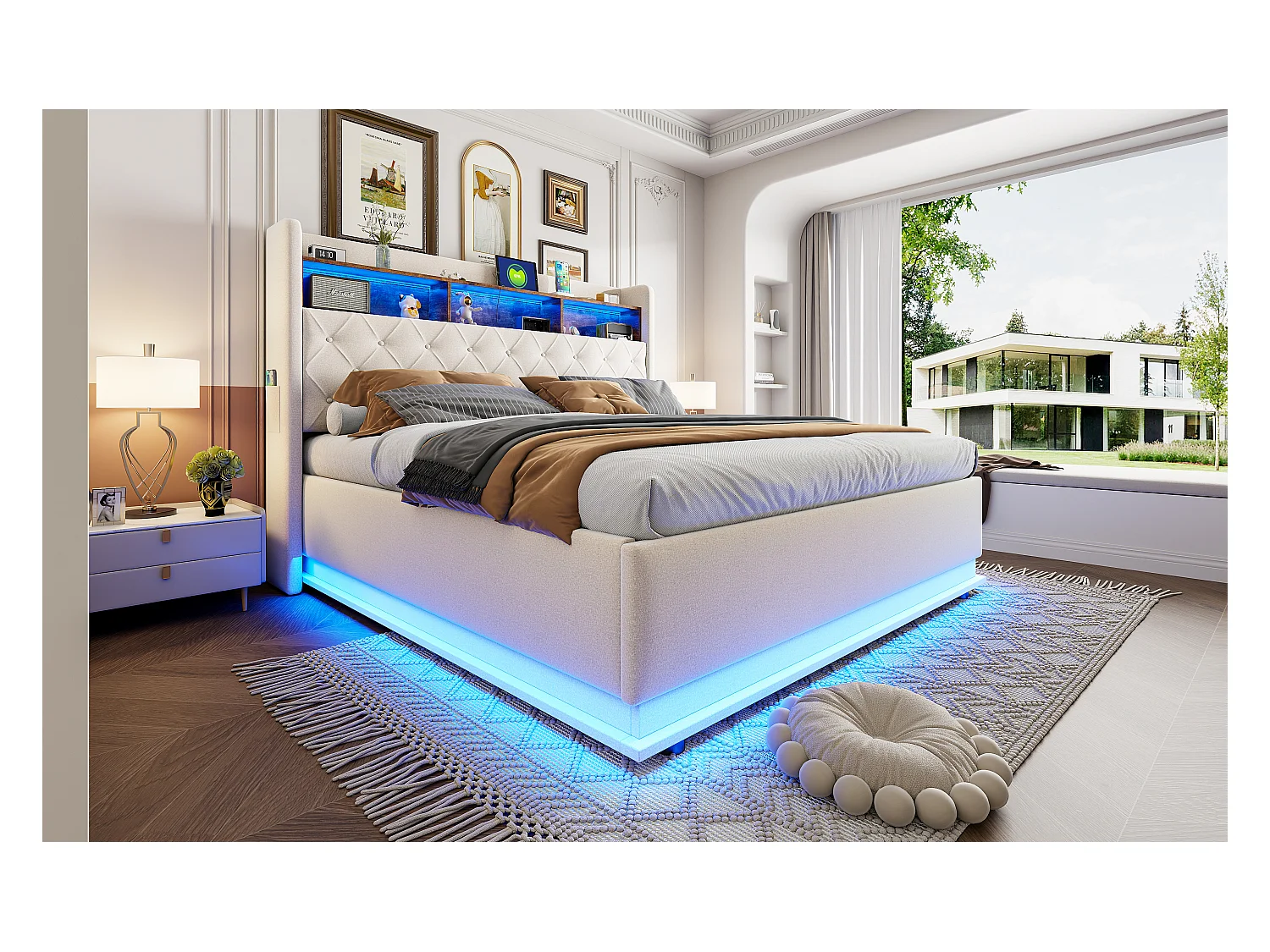 Lit coffre 180 x 200 cm avec tête de lit rangement - Charge USB et LEDs - Tissu en lin - Beige