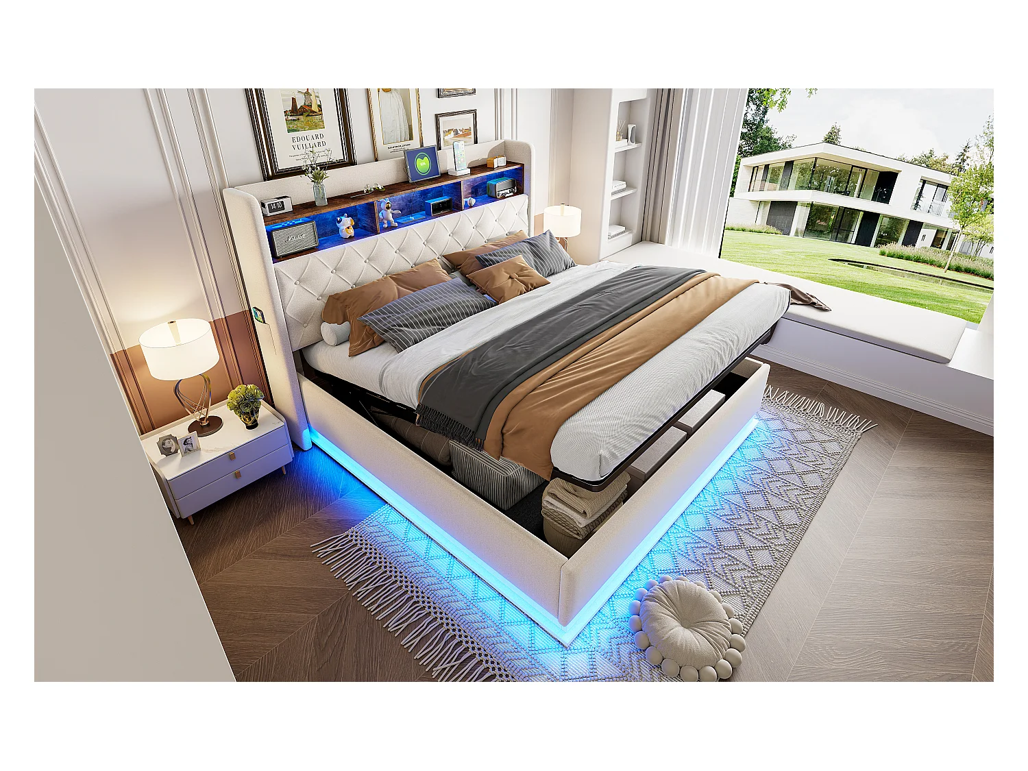 Lit coffre 180 x 200 cm avec tête de lit rangement - Charge USB et LEDs - Tissu en lin - Beige