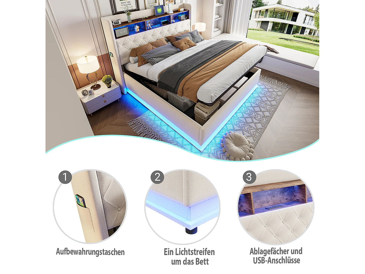 180 x 200 cm Bett mit Stauraum am Kopfteil - USB-Aufladung und LEDs - Leinenstoff - Beige