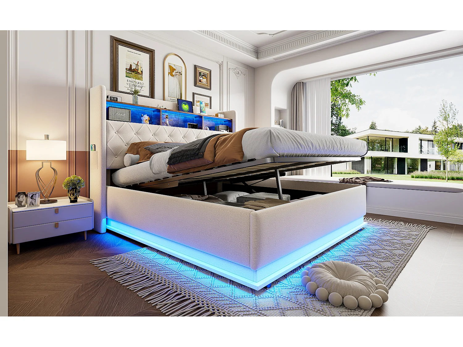 180 x 200 cm Bett mit Stauraum am Kopfteil - USB-Aufladung und LEDs - Leinenstoff - Beige