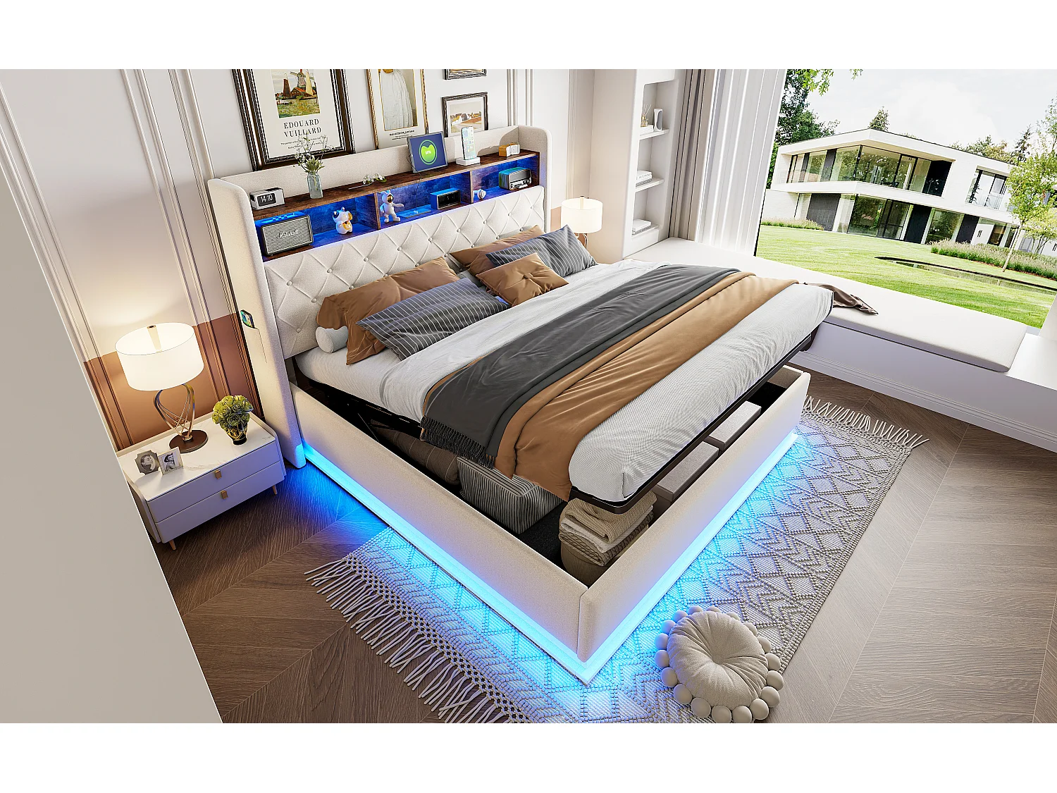 180 x 200 cm Bett mit Stauraum am Kopfteil - USB-Aufladung und LEDs - Leinenstoff - Beige