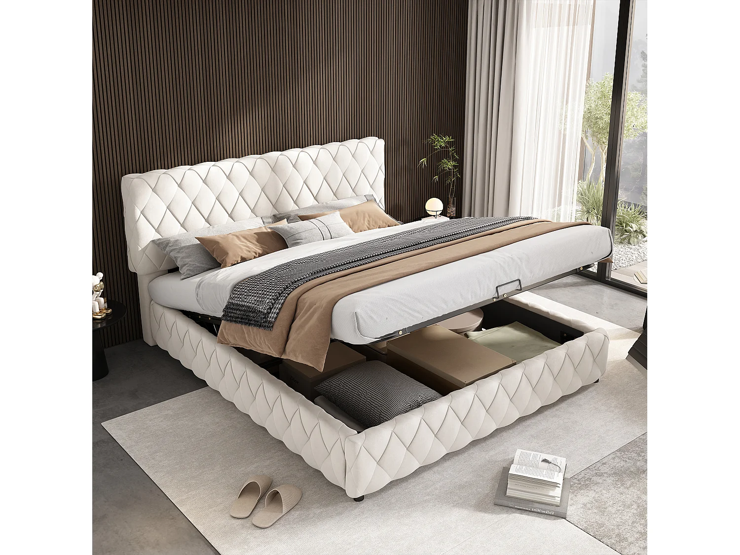 Bettkastenbett 160 x 200 cm mit Kopfteil - Samt - Rautenmuster - Beige (ohne Matratze)