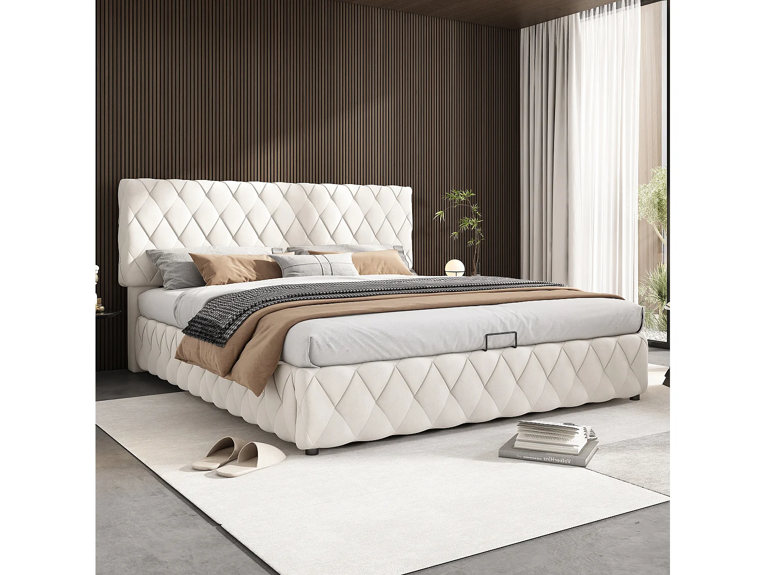 Bettkastenbett 160 x 200 cm mit Kopfteil - Samt - Rautenmuster - Beige (ohne Matratze)